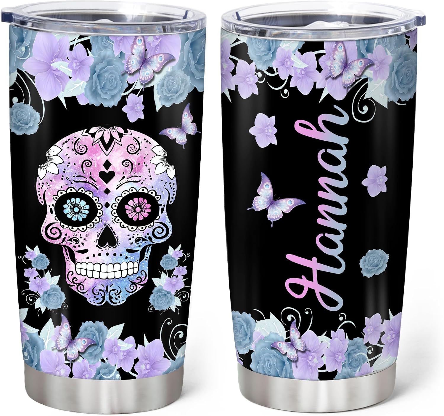 Hyturtle Personalized Gifts for Skull Lover - Birthday Christmas Halloween - Sugar Skull Purple Flower Goth Gothic Custom Name 20oz Stainless Steel Tumbler for Her Women Mom Girl Friend