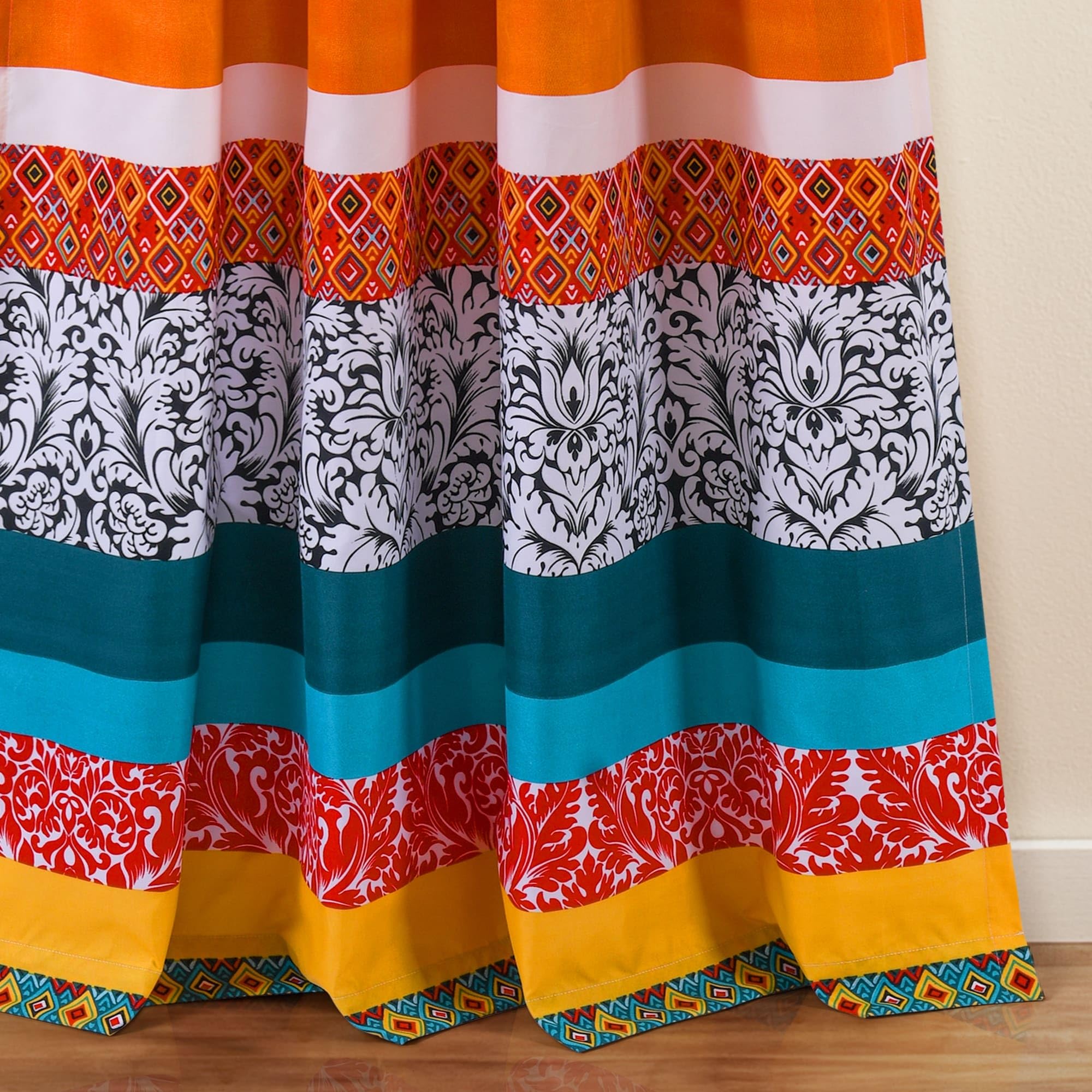 Lush Decor Boho Stripe Window Curtain Bohemian Geomatric Floral Design Panel Pair, 52" W x 95" L, Turquoise & Tangerine