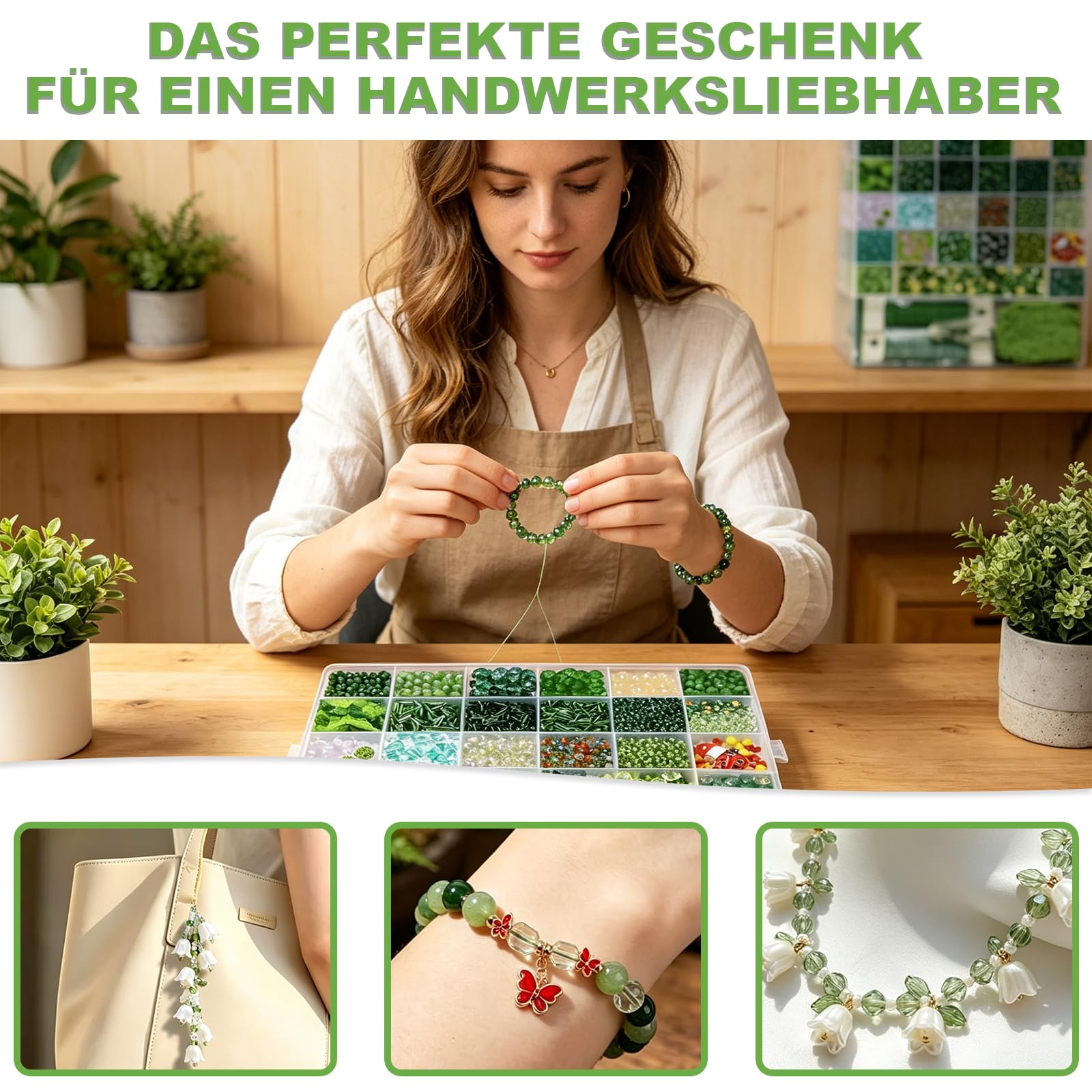 Set di 5540 perline di vetro verdi, set fai da te per piante grasse artificiali e decorazioni floreali, filo per fiori, muschio, tulipani e coccinelle, per la creazione di gioielli (bracciali, collane