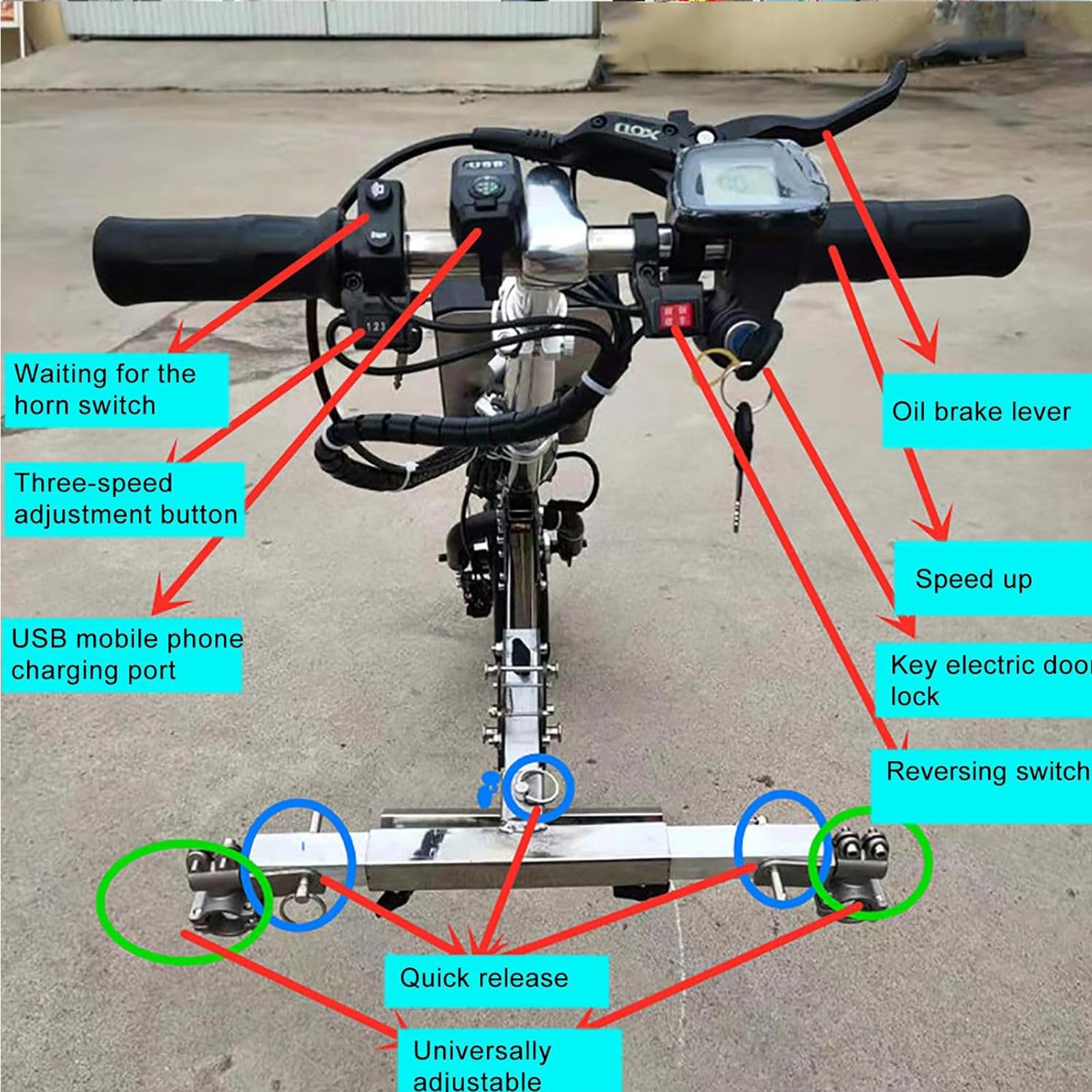 Accesorio eléctrico para silla de ruedas, kit de conversión de 500 W con ajuste de 3 velocidades, alcance de 65 km, carga USB, diseño plegable, construcción de aluminio