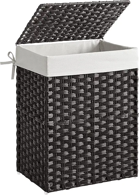 SONGMICS Hand-woven Synthetic Rattan Laundry Basket with Lid, Foldable, 90L, Black - Tvättkorg i rotting
