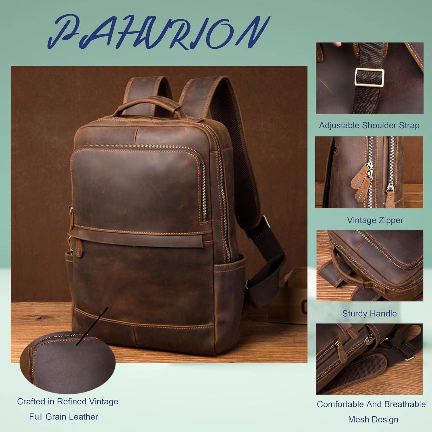 Vintage Genuine Leather 15.6 Inch Laptop Backpack, Hiking Travel Bag Anti Theft Camping Daypack - Image 3
