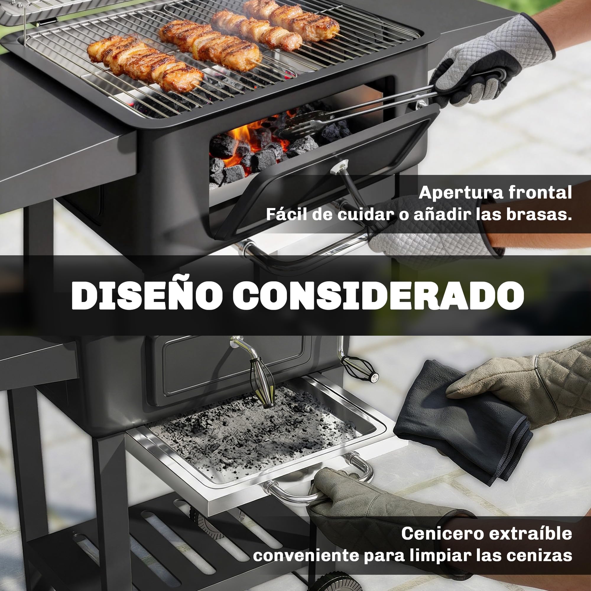 Outsunny Barbacoa de Carbón Portátil Gran Parrilla Termómetro Negro | Barbacoa de Carbón con Bandeja y Ventilación Ajustable, Estantes Laterales, Tapa, Chimenea, Cajón de Cenizas, Ruedas