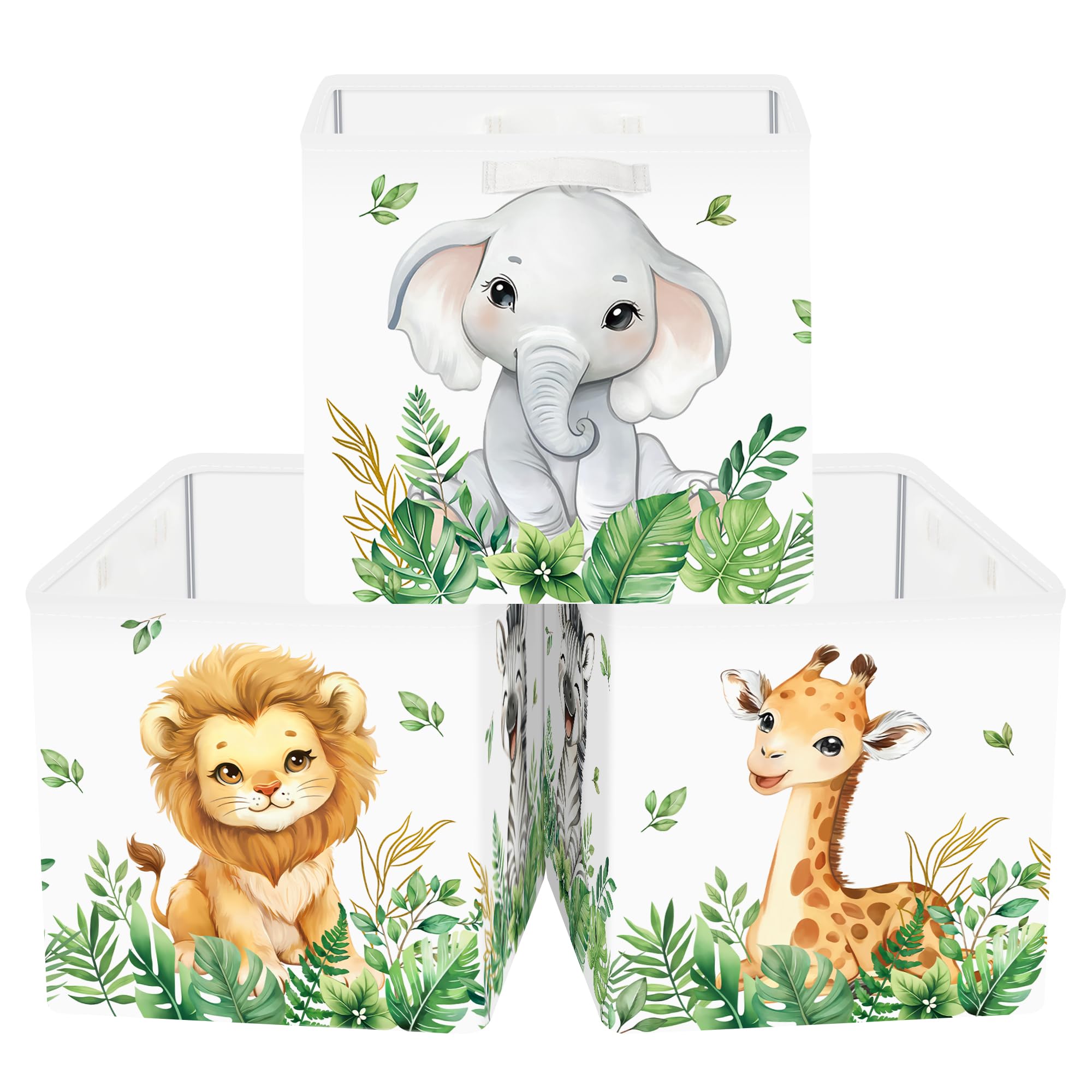 HUUMONSS 11.8" Forest Animals Storage Cube Organizer Set 3Pcs Clothes Storage Basket Bin for Home Lion Giraffe Elephant Kid Book Toy Chest, Green Plant