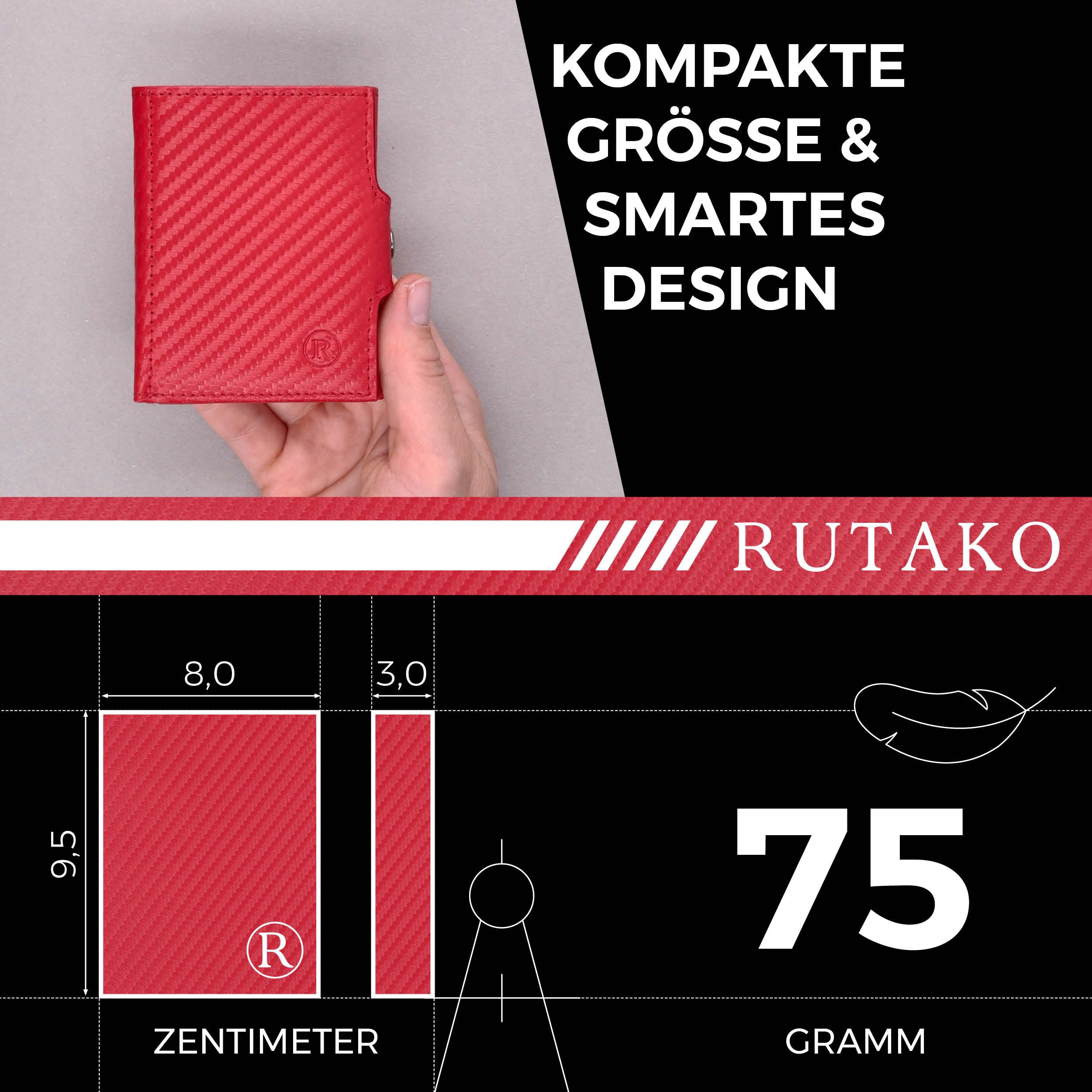 RUTAKO Slim Wallet mit XL Münzfach & RFID-Schutz - Kartenetui Herren & Damen - Kreditkartenetui klein - Mini Geldbörse - Portmonee Portemonnaie klein - Geldbeutel Carbon-Rot