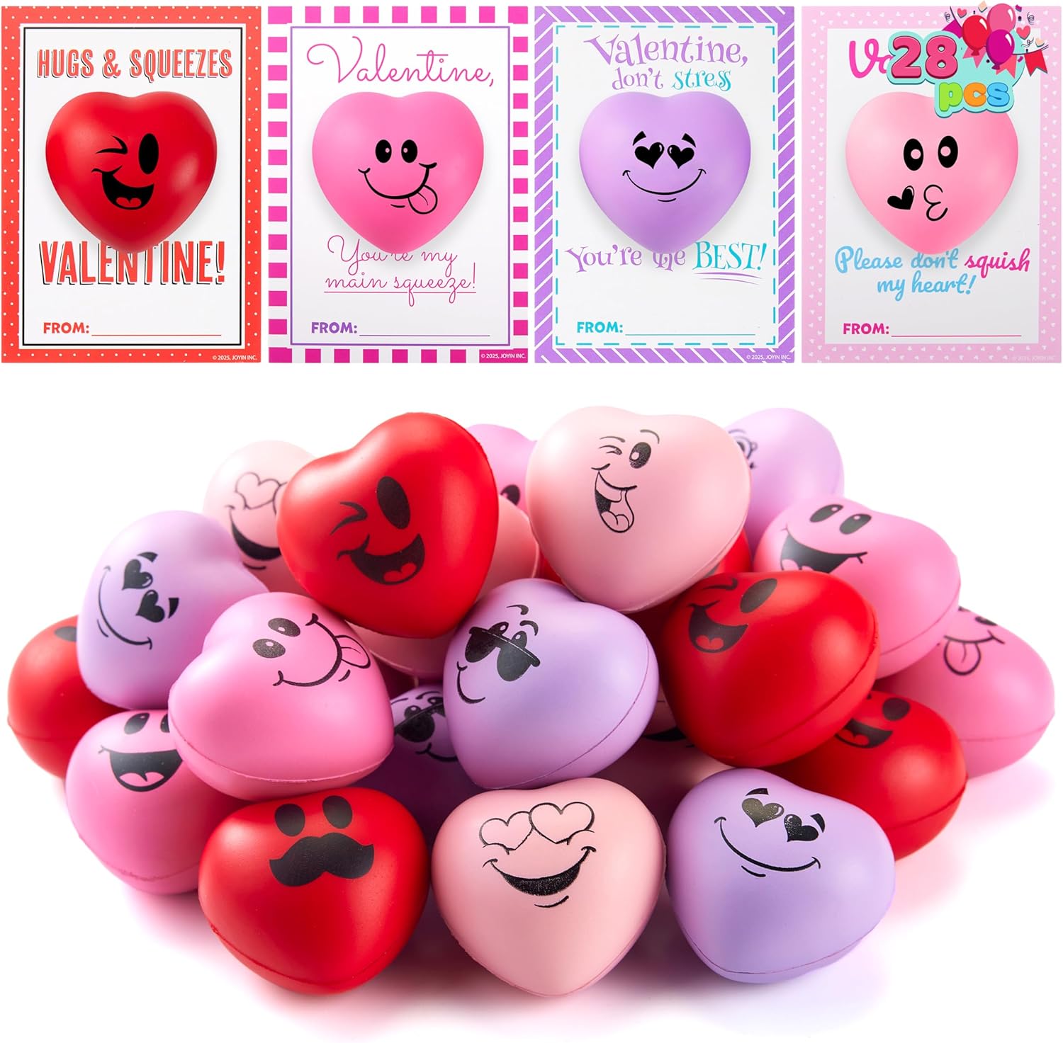 JOYIN 28 Pcs Valentine’s Day Heart Shape Stress Ball with Cards Stress Relief Fidget Toy for Valentine Party Favors, Classroom Prize Supplies, Valentine’s Greeting Cards, Valentine Exchange Gifts