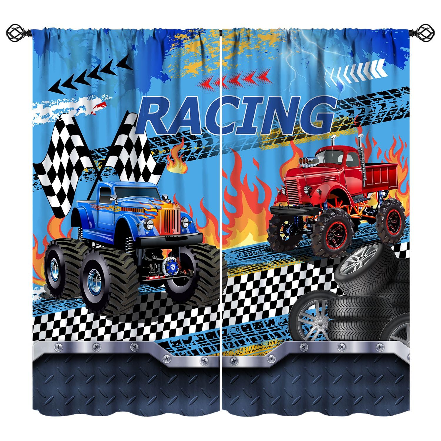 ShiTingYu Boys Cartoon Car Curtains, Racing Car Off Road Monster Black and White Checkered Flag Flame Tire Window Treatments for Kids Bedroom Nursery