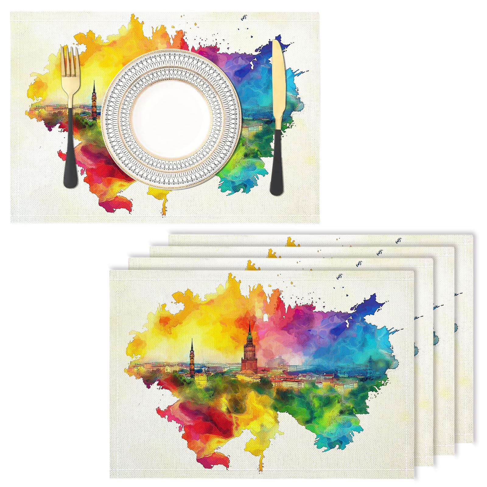 Cotton Linen Placemats - watercolor - Pack of 4 City Heat Resistant Washable Dinner Mats Kitchen Dining Place Dinner Table Setting