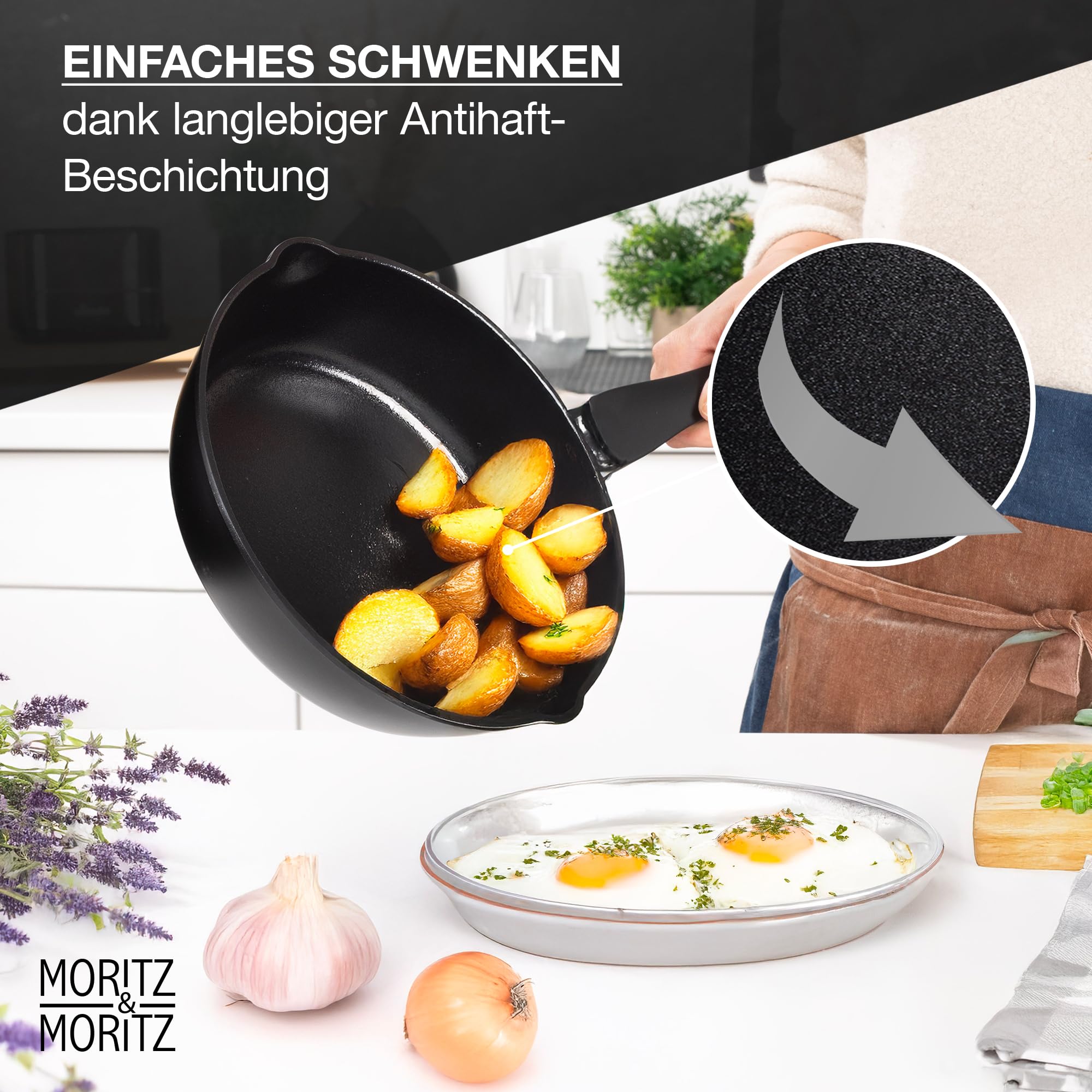 Moritz & Moritz Keramik Pfanne mit Deckel 26cm - frei von PFAS, PFOA & PTFE - Antihaft Bratpfanne 26cm - Schmorpfanne für alle Herdarten geeignet - Ideal zum Braten, Schmoren und Servieren - Schwarz