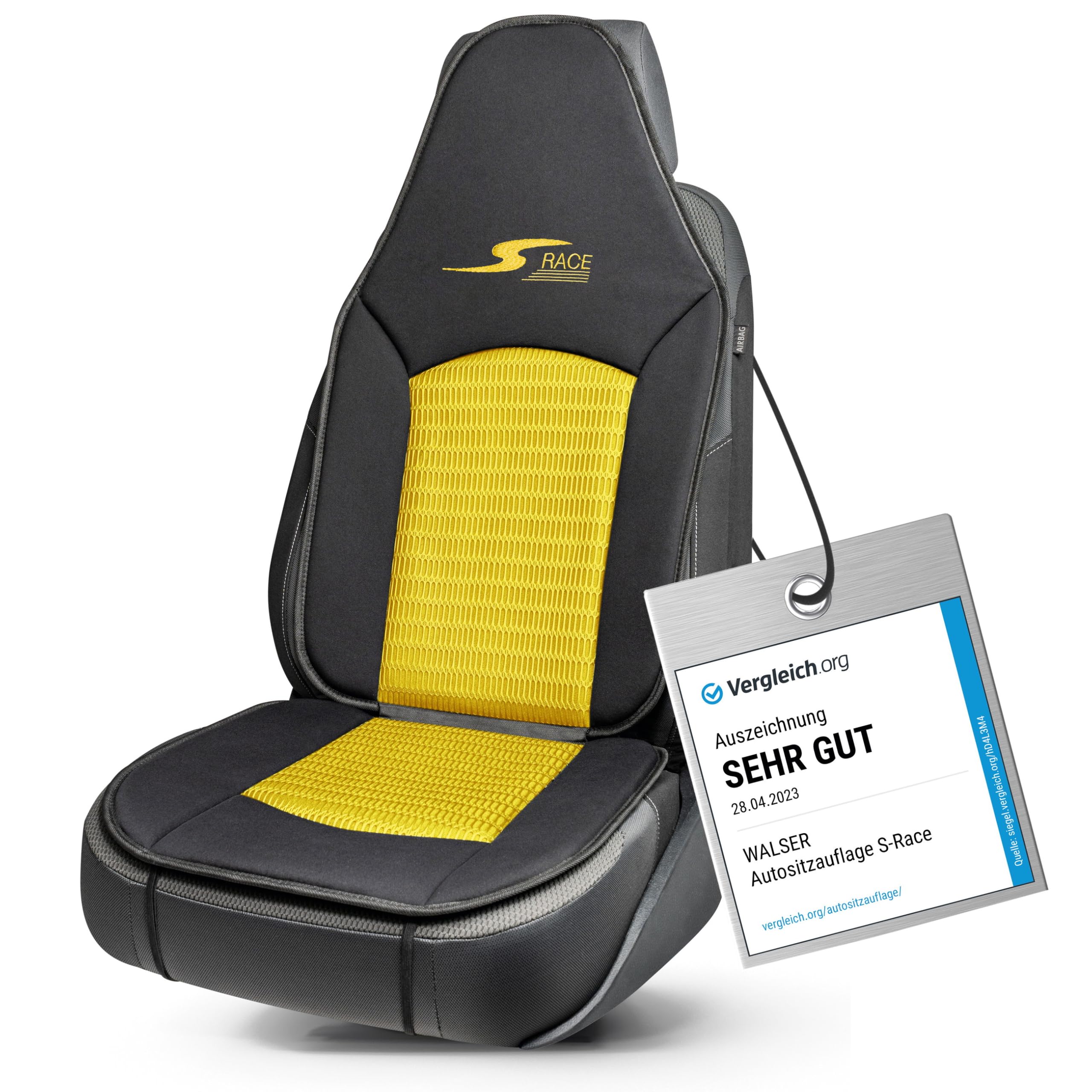 Walser Car Comfort Auto-Sitzauflage S-Race, Auszeichnung Sehr Gut* Autositzauflage für Highback-/Pilotensitze, Universal Sitzschoner-Auto, Sitzauflage-Auto Vordersitze gelb/schwarz