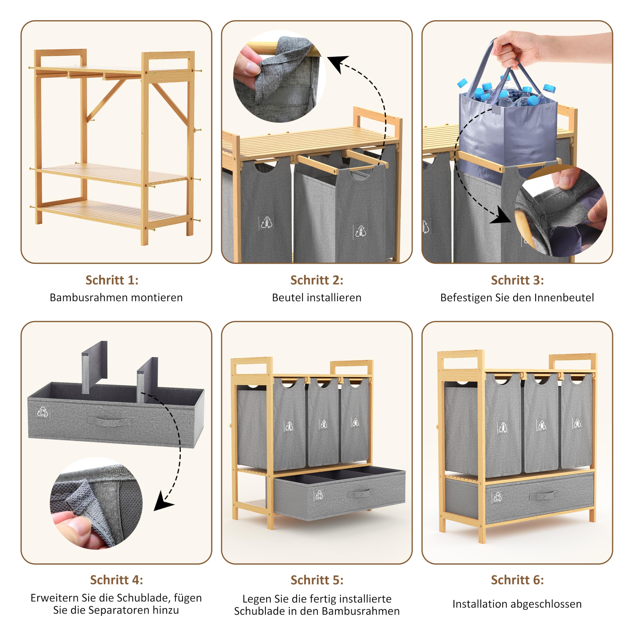 Mülleimer Küche 4 Fächer - Mülltrennsystem 4fach - Küchenmülleimer | MY FAT GORILLA Küchen Mülleimer - Mülltrennsysteme für PET, Glas, Dosen & Altpapier - Mülltrennsystem (Grau)