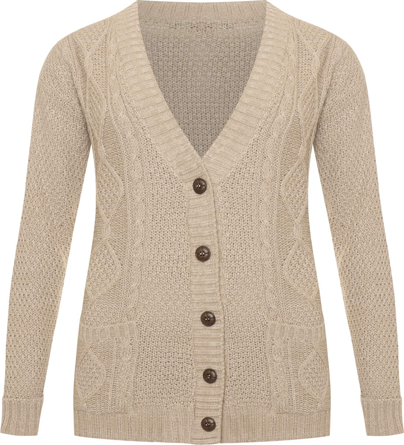 WearAll Womens Cable Knitted Button Cardigan Long Sleeve Ladies Boyfriend Top - Stone 20-22