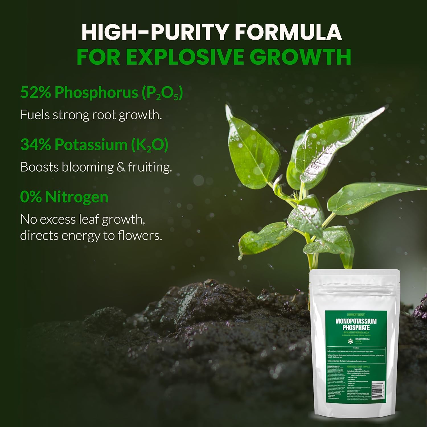 Humboldts Secret Monopotassium Phosphate 0-52-34 | MKP Fertilizer Bloom Booster for Flowers, Fruits & Vegetables | High Purity Water Soluble Phosphorus and Potassium Plant Food | 2 lb