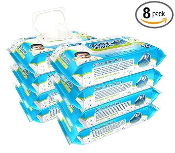 Glider Baby Wipes - with Moisture Lock Flip-Top, Contains Aloe Vera & Vitmain E, pH balanced with No Parabens & Chlorine (Pack of 8 (576 Wipes))