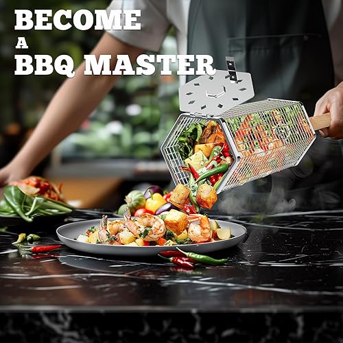 Miniatura 4 de Cesta de parrilla rodante, mango de madera extraíble, acero inoxidable 304, herramientas de parrilla de anidación, accesorios de barbacoa para
