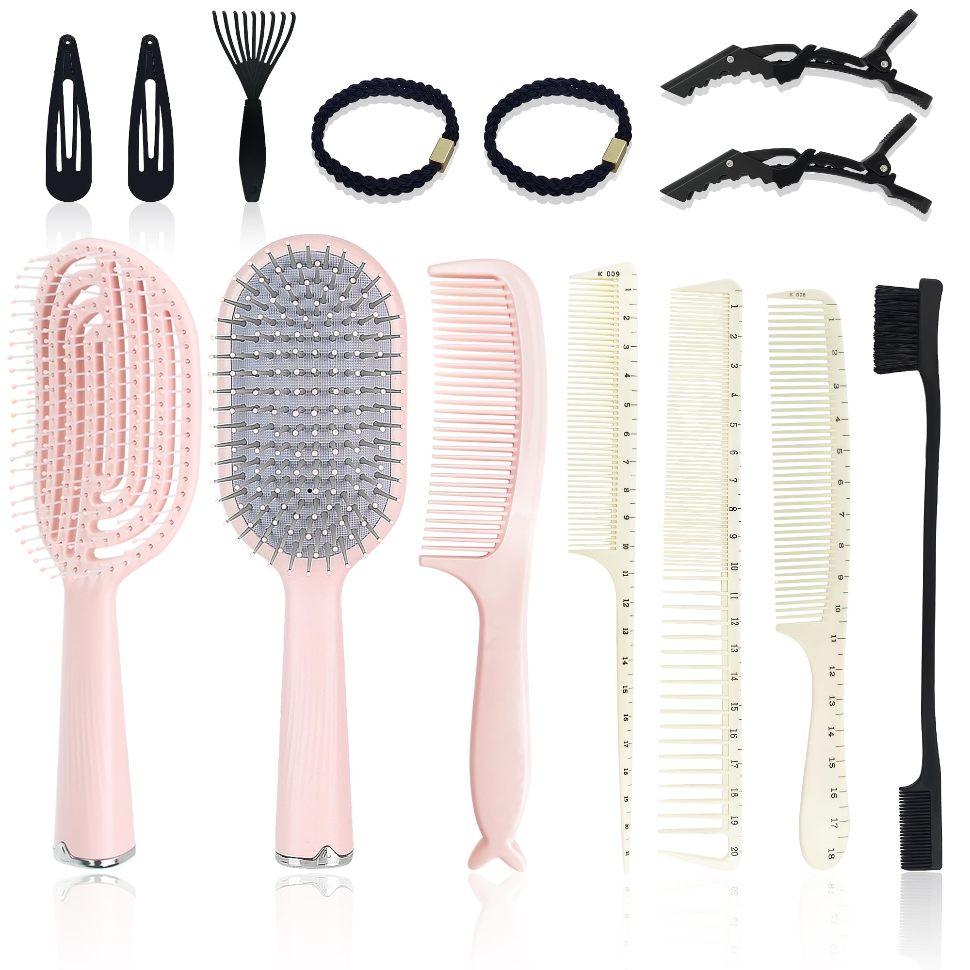 Homfu Hair Brush Set, Professional Styling Tools with Combs and Accessories, Pink, Gift Box Included (Pink Brush+White Comb)