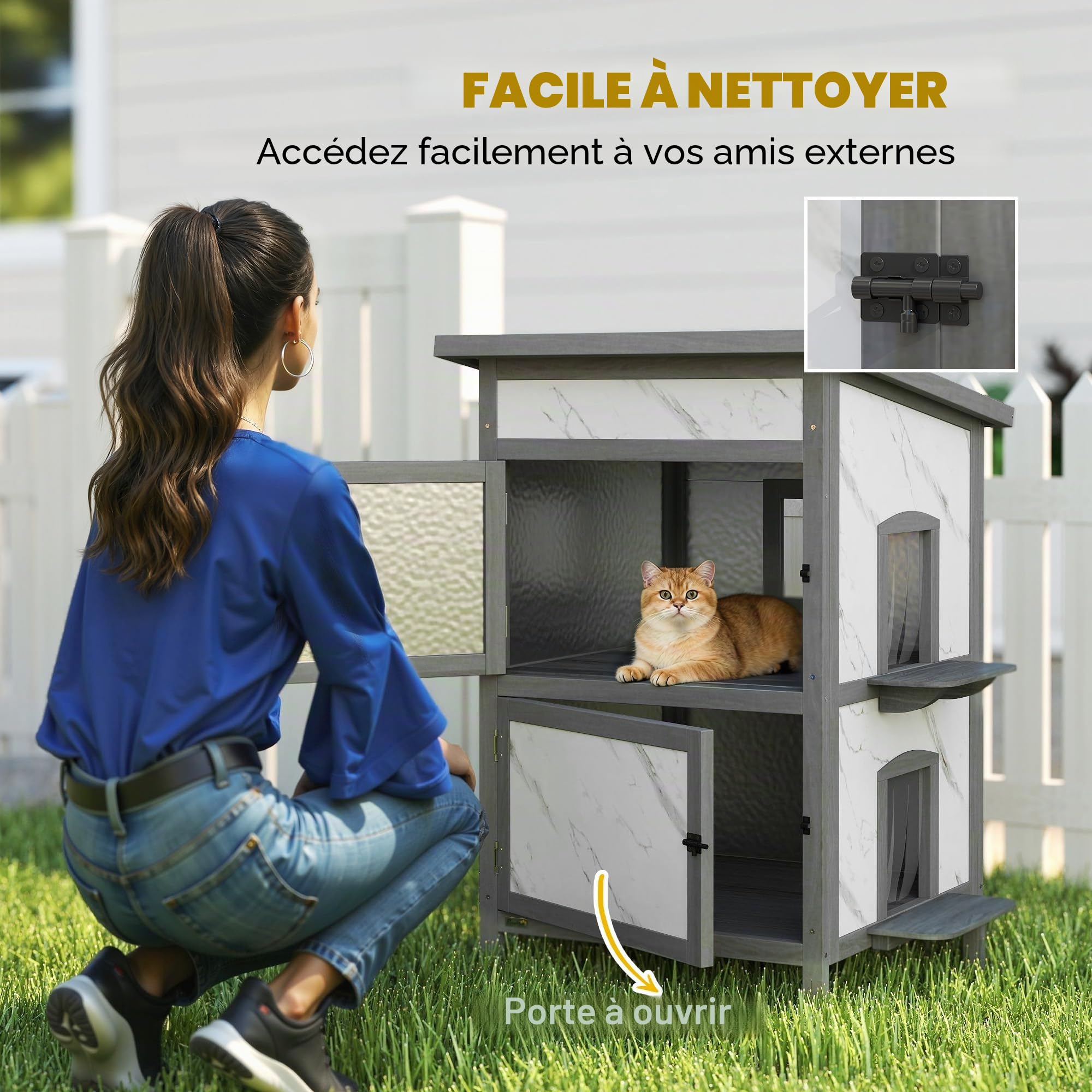 PawHut Maison Chat Bois 2 étages extérieure avec fenêtre Blanc 60x60x88cm