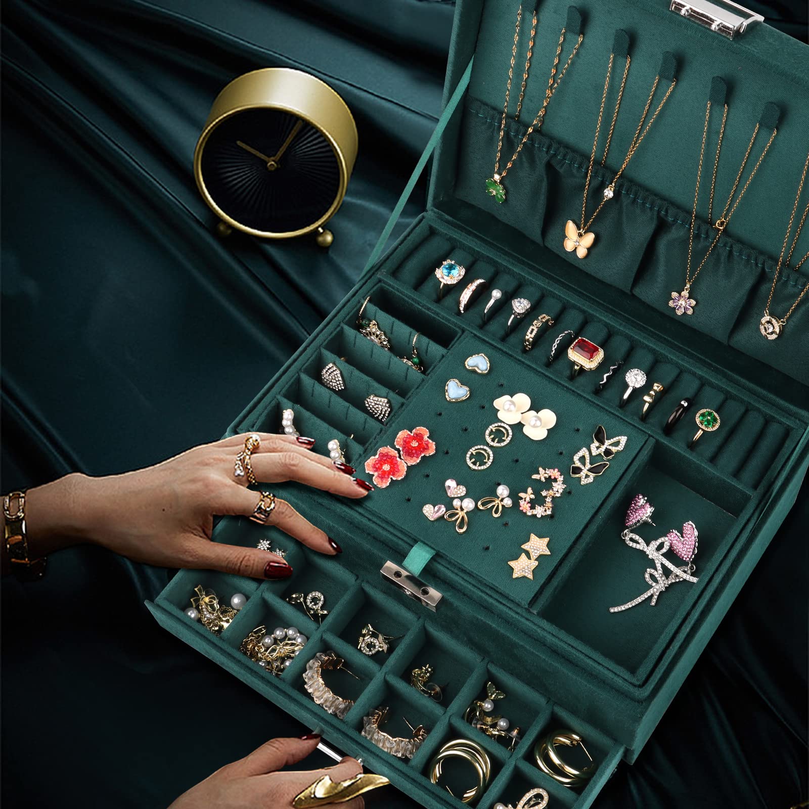 talifoca Boite a Bijoux Femme Fille, Boîte à Bijoux Velours Trois Couche Verrouillable Grande Capacité Boite de Rangement Bijoux pour Colliers, Boucles d'oreilles, Bracelets