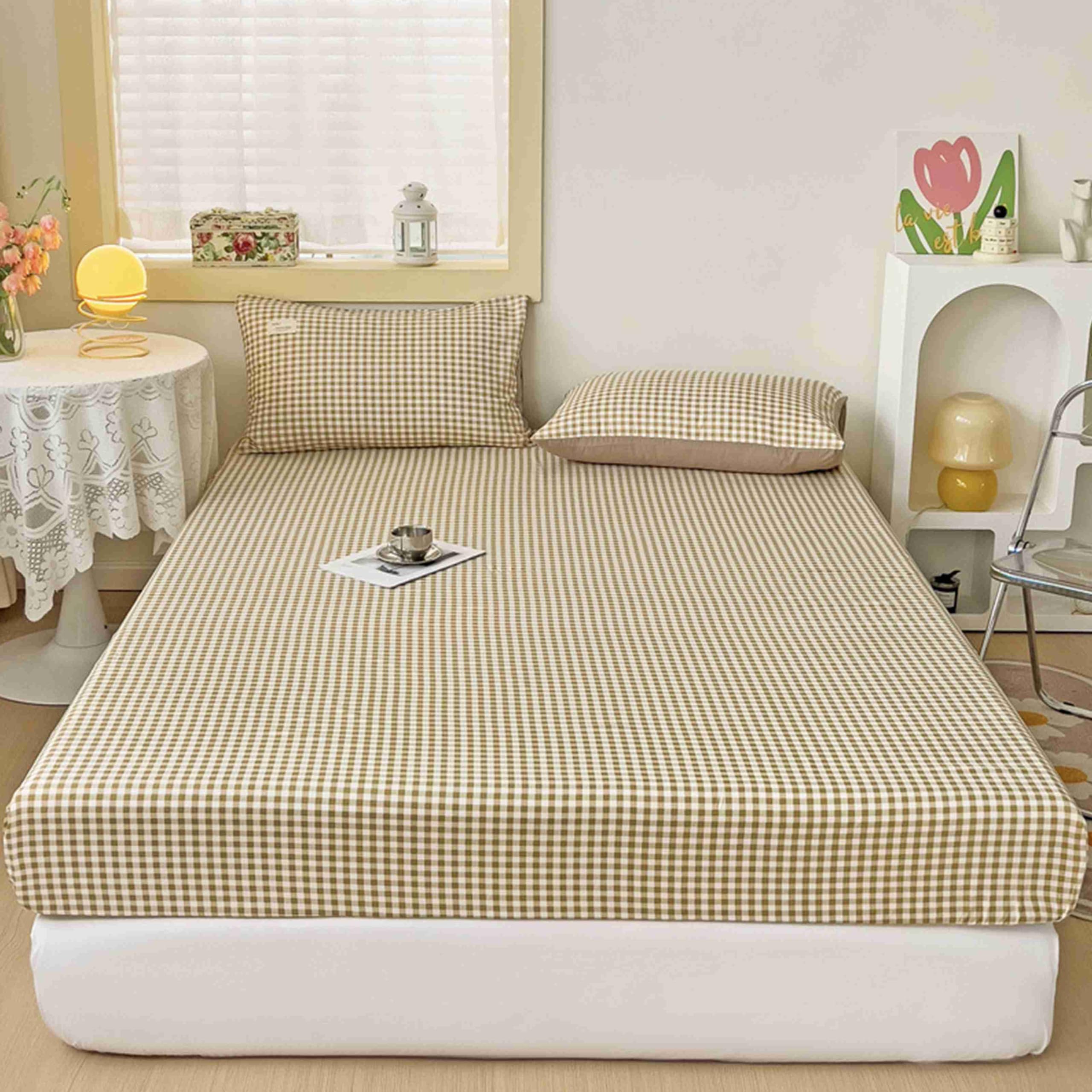 DOTBUY-SHOP King Size Fitted Sheets Double Fitted Sheet, Bed Sheets Extra Deep Pocket 12 inch (30 cm) Lattice Brushed Double Bed Sheet Soft & Comfortable Fade Resistant (Camel,Double)