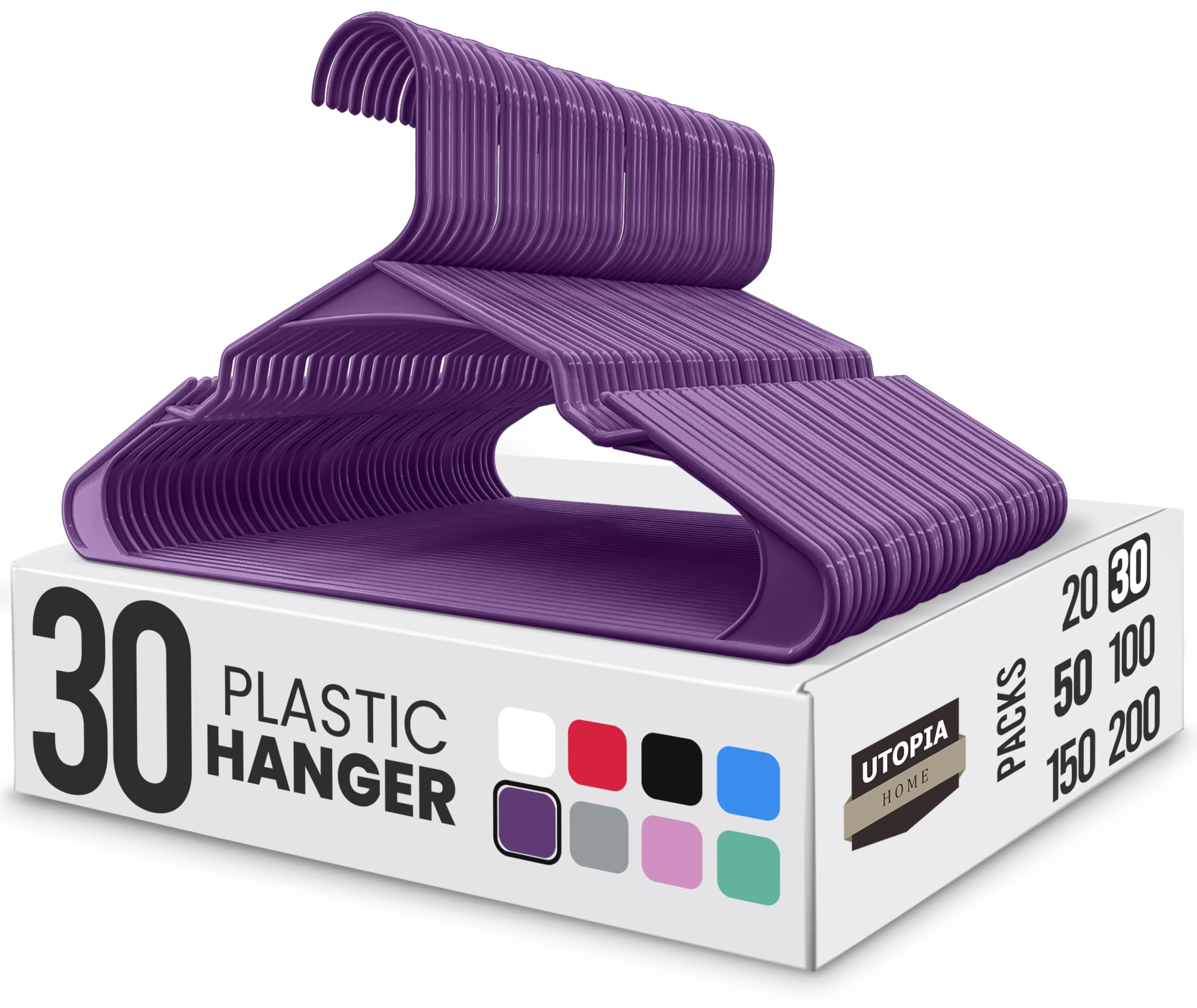 Utopia Home Plastic Hangers 30 Pack - Perfect Space Saving Clothes Hanger - Durable and Strong - Perfect Closet Organizers with Shoulder Grooves (Purple)