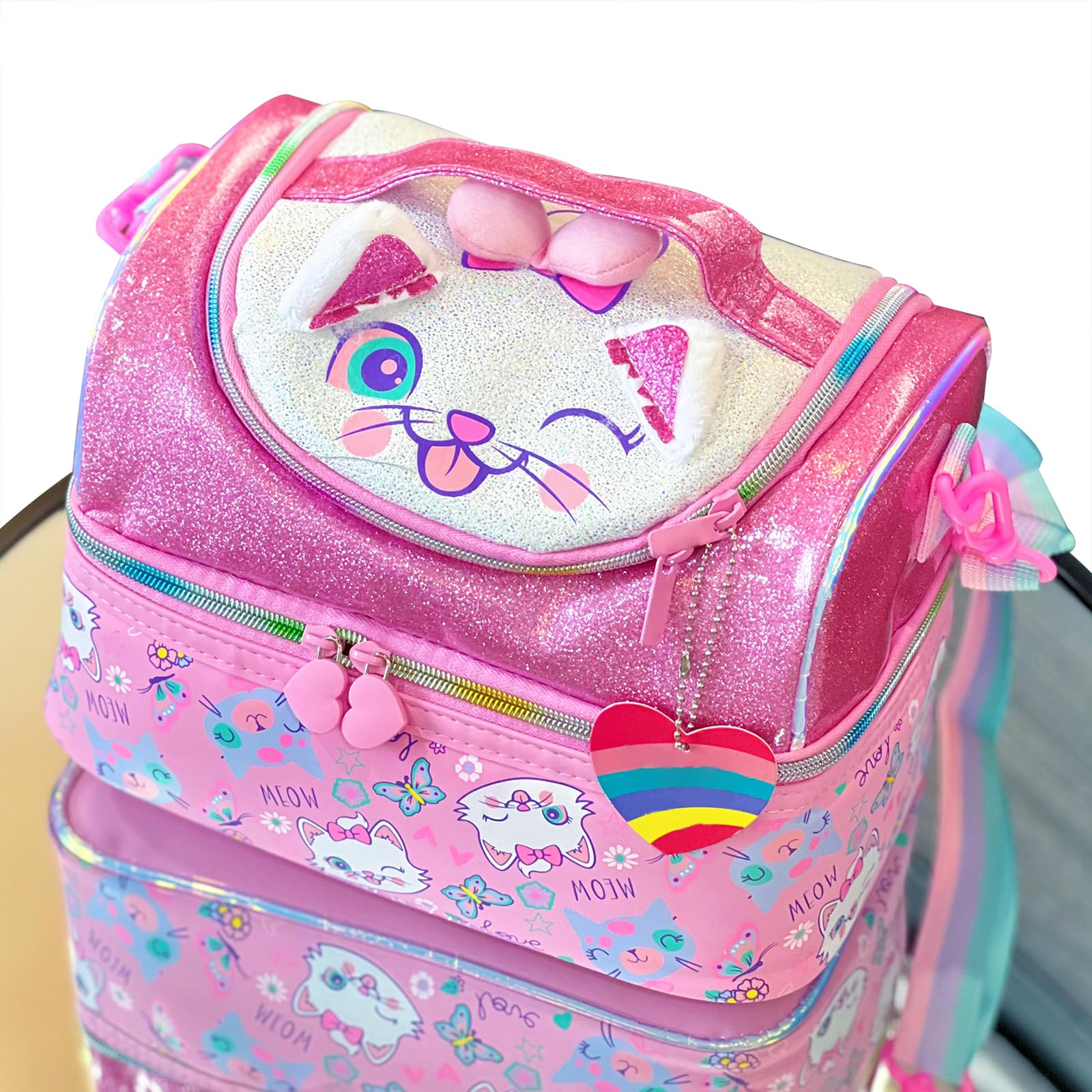 PinkSheep Kids Double Decker Cooler Insulated Lunch Bag Large Tote for Boys Girls, Men, Women, with Adjustable Strap, Unicorn (Cat) - Image 2