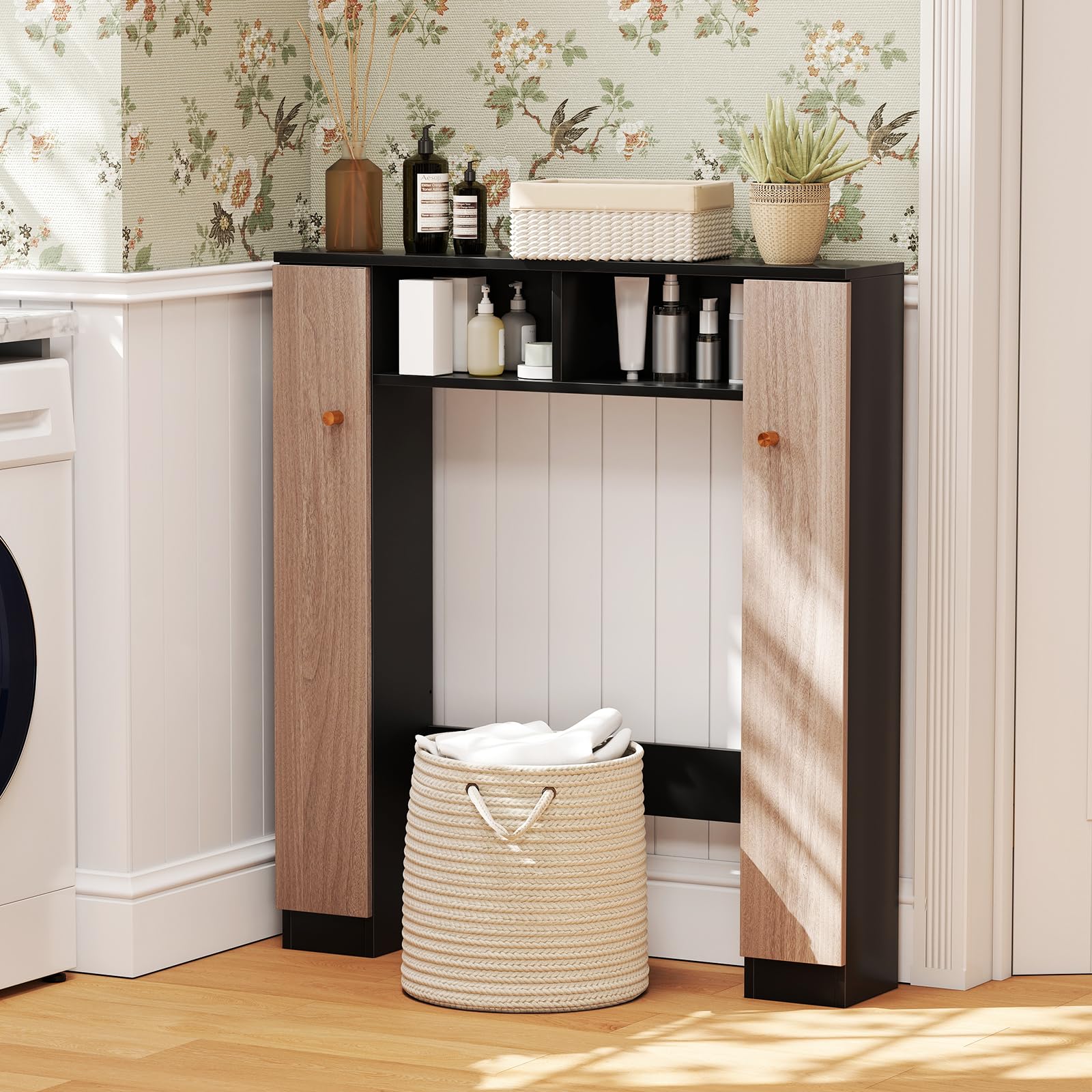 LIFEZEAL Meuble de Salle de Bain sur WC, Étagère sur WC avec 2 Compartiments Ouverts, Meuble pour Machine à Laver en Bois, 87,5 x 18 x 98 cm, Stable et Moderne (Noir)