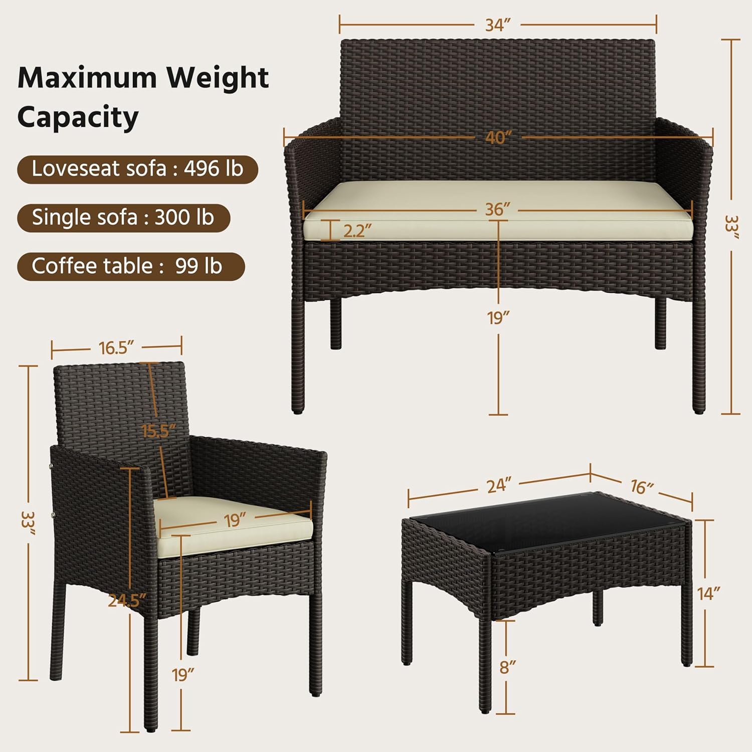 Yaheetech Patio Furniture Set 4 Pieces Conversation Sets, Rattan Chair Wicker Set Loveseat with Soft Cushion and Glass Table for Backyard Porch Garden Poolside Balcony, Brown and Beige