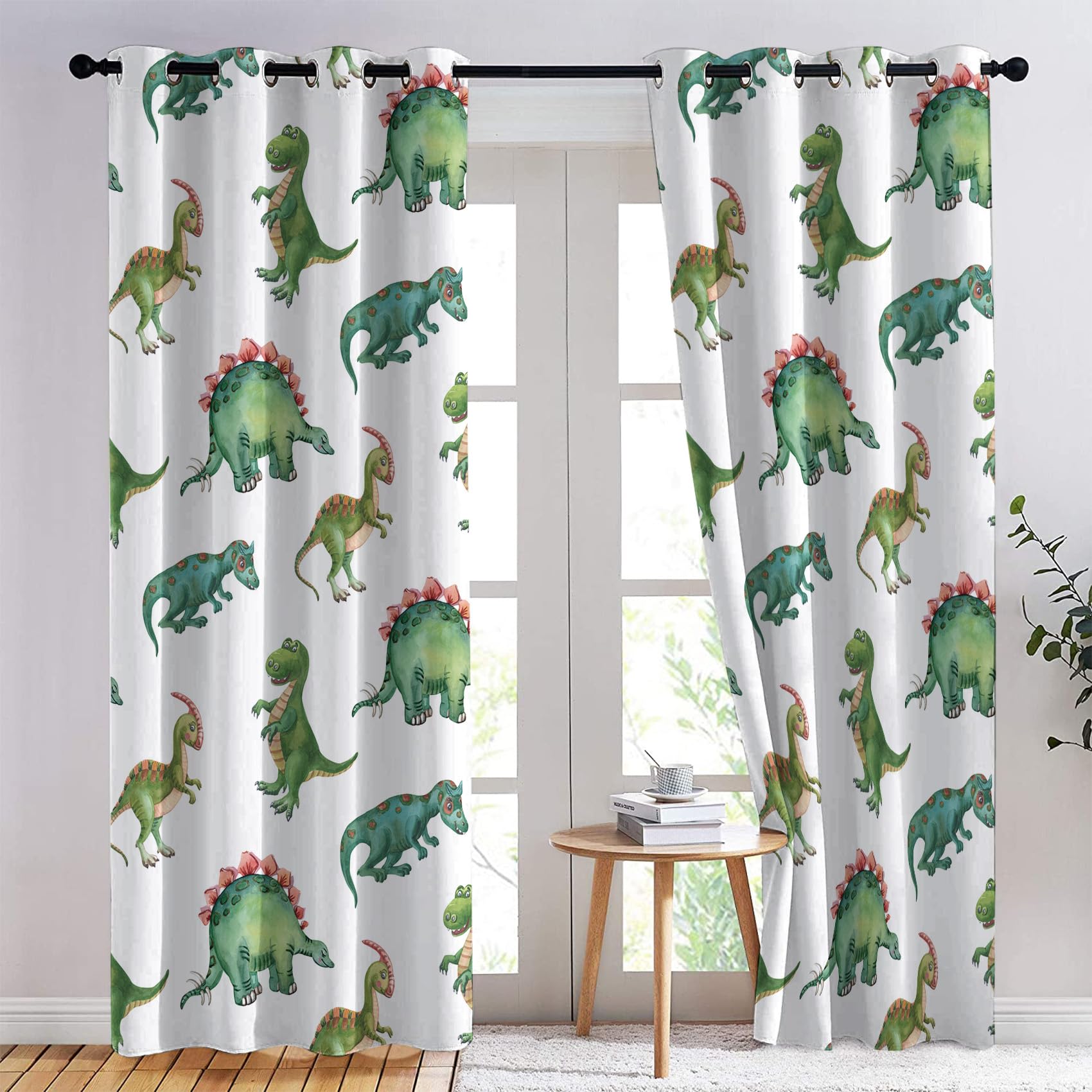 Dinosaurier Kinder Vorhänge, Verdunklungsvorhänge mit Muster Dschungel Tiere, Vorhang Blickdicht mit Ösen, Gardinen für Wohnzimmer Schlafzimmer Deko 2er Set - 200x140 (H X B)