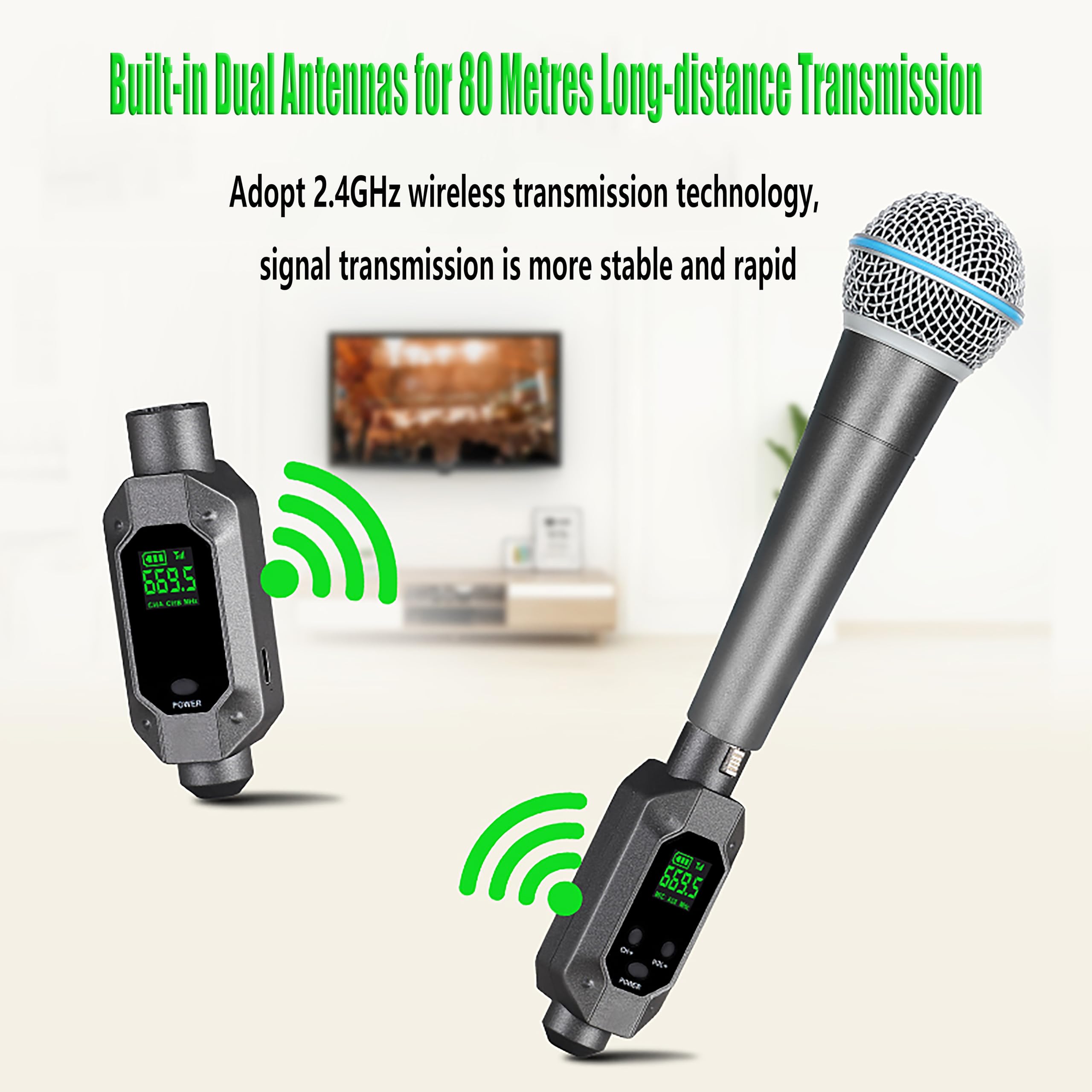 Ricevitore Trasmettitore Microfonico XLR Wireless Portatile - 262ft/80M Range Sistema Microfonico a 2,4 GHz con Bassa Latenza - Adattatore Microfonico Plug-in Ricaricabile per Mixer Audio e Studio