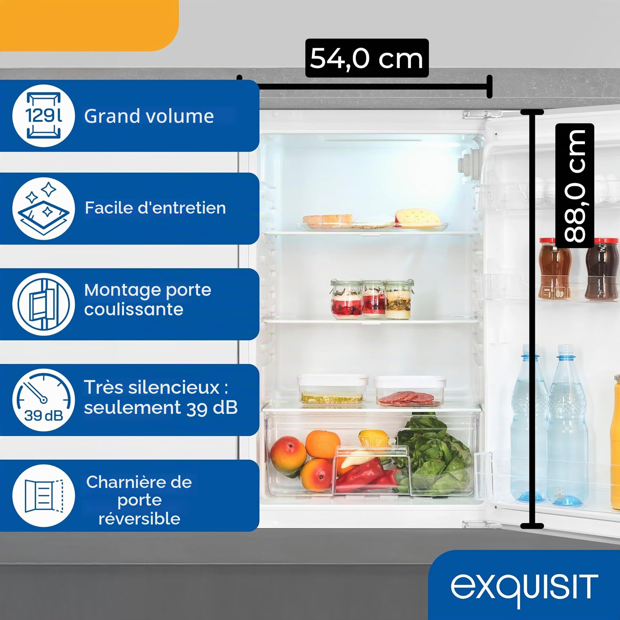 Exquisit EKS5131-V-040E Réfrigérateur encastrable pour chambre complète | Capacité utile 129 l, classe énergétique E, 39 dB(A) | Technologie de porte remorquée, éclairage LED, étagères en verre, bac à