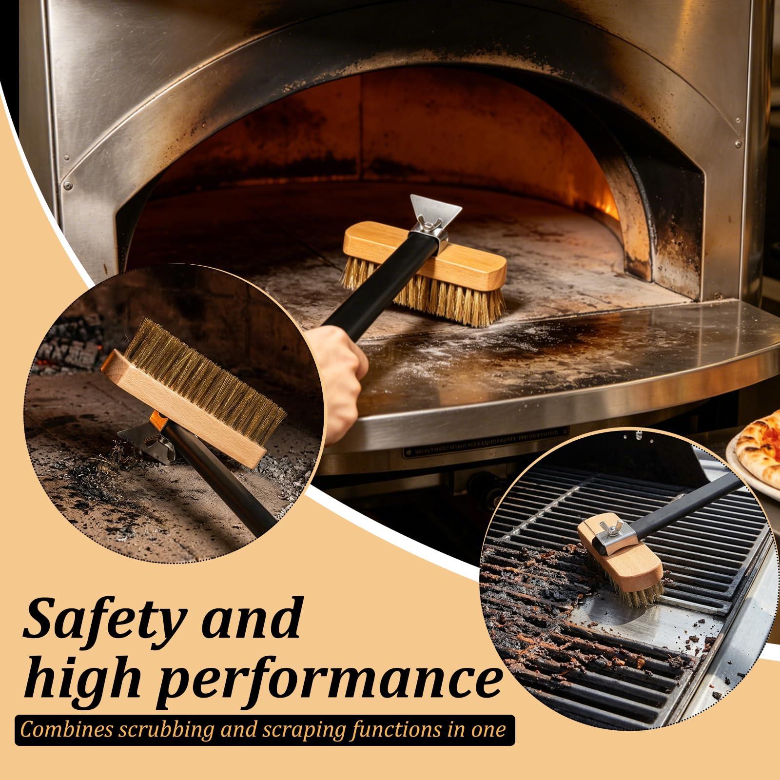 Spazzola per forno per pizza, con raschietto, spazzola per barbecue con setole in rame e manico in alluminio, resistente al calore, per griglia e forno, spazzola per la pulizia del giardino (nero-1