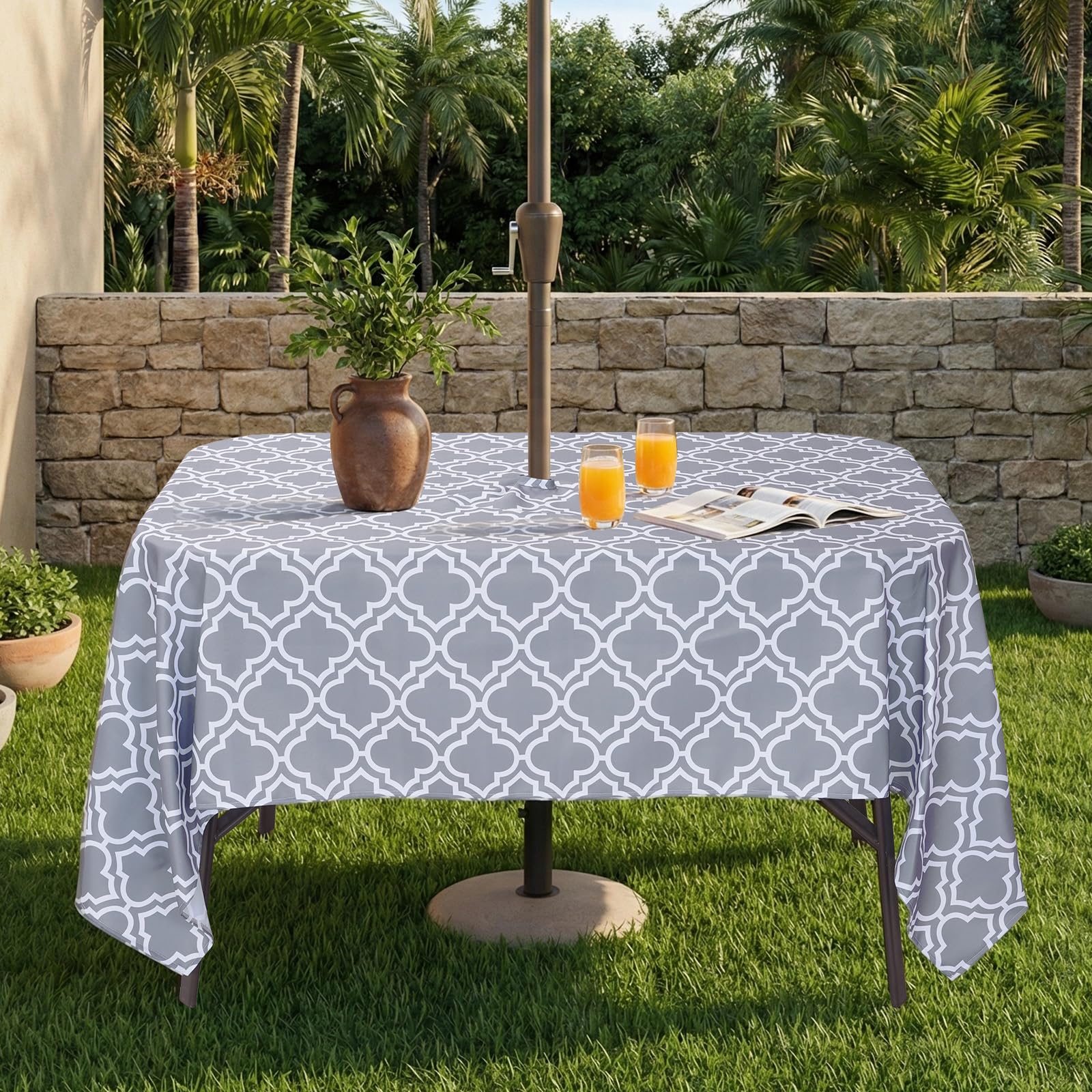 Eternal Beauty 60''X104” Rectangle Tablecloth Waterproof Outdoor Tablecloth with Umbrella Hole Zipper for Patio Spring Summer Picnic Tables, Grey