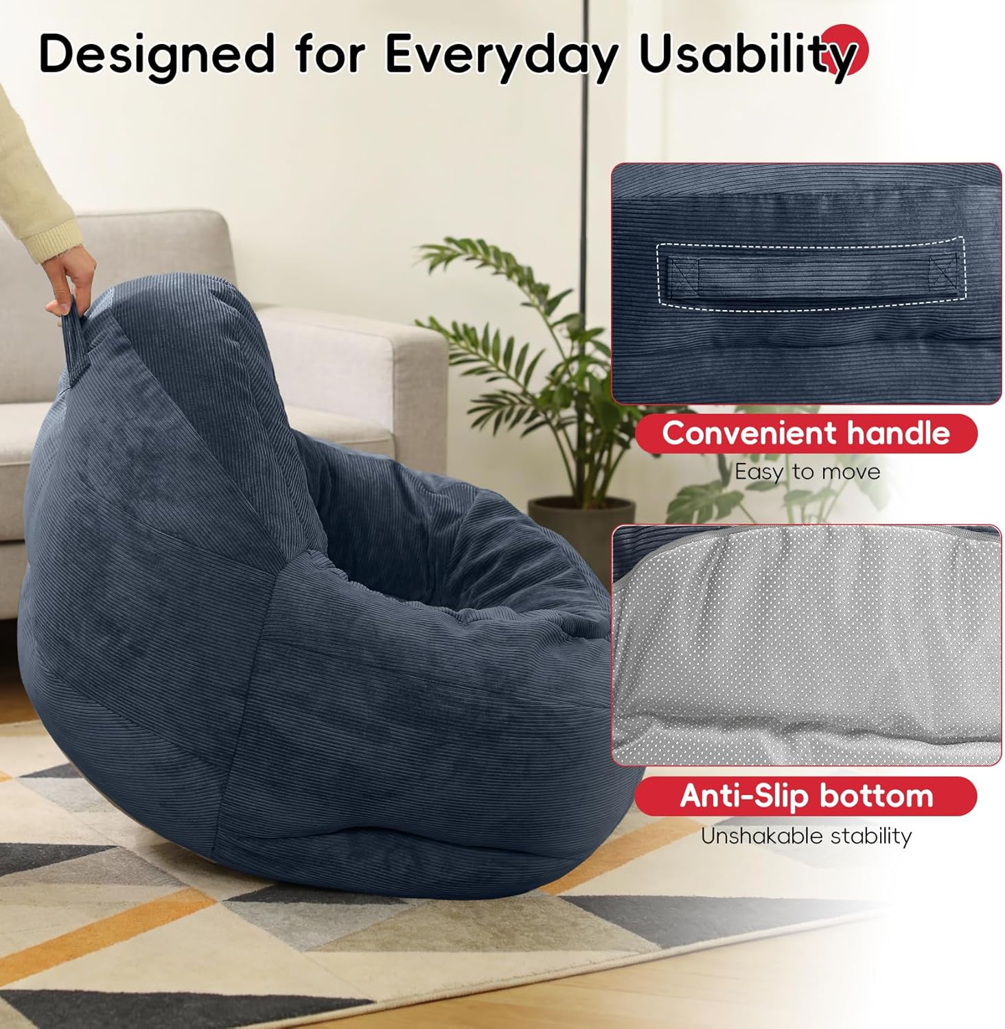 3 Feet Bean Bag Chair, BeanBag Chair for Teens & Youth, Bean Bag Couch with High-Density Foam Filler, Faux Fur Fabric, Living Room, Bedroom, Game Room, Dorm, Office, Blue, 3FT ( 33.5"Dx33"Wx24"H )