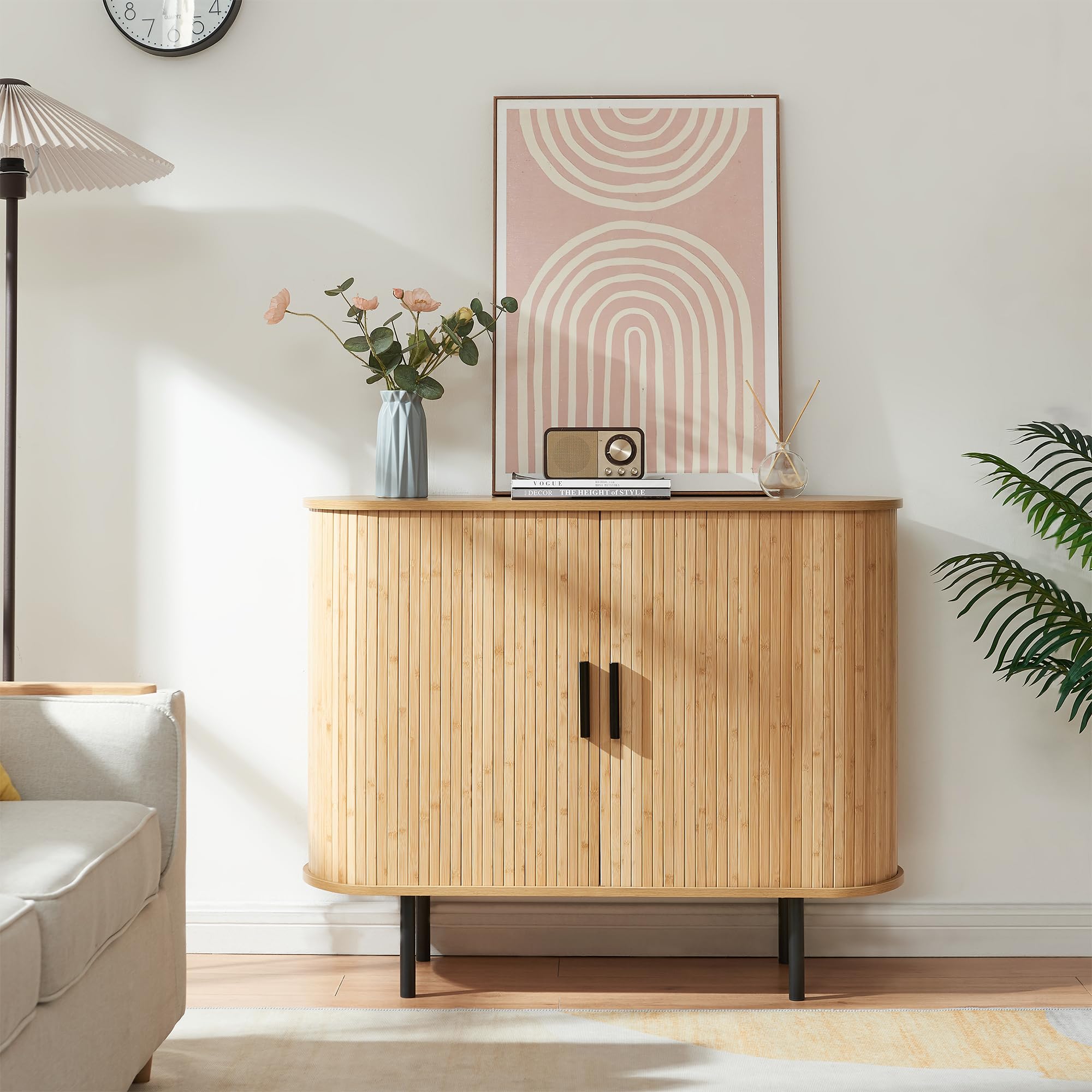 [en.casa] Mobile Multiuso a 2 Ante Scorrevoli in Bambù Scarpiera con 3 Ripiani Vani Portascarpe Comò Stretto Piano Ovale per Ingresso Soggiorno Camera da Letto 100x40x80 cm - Naturale/Nero