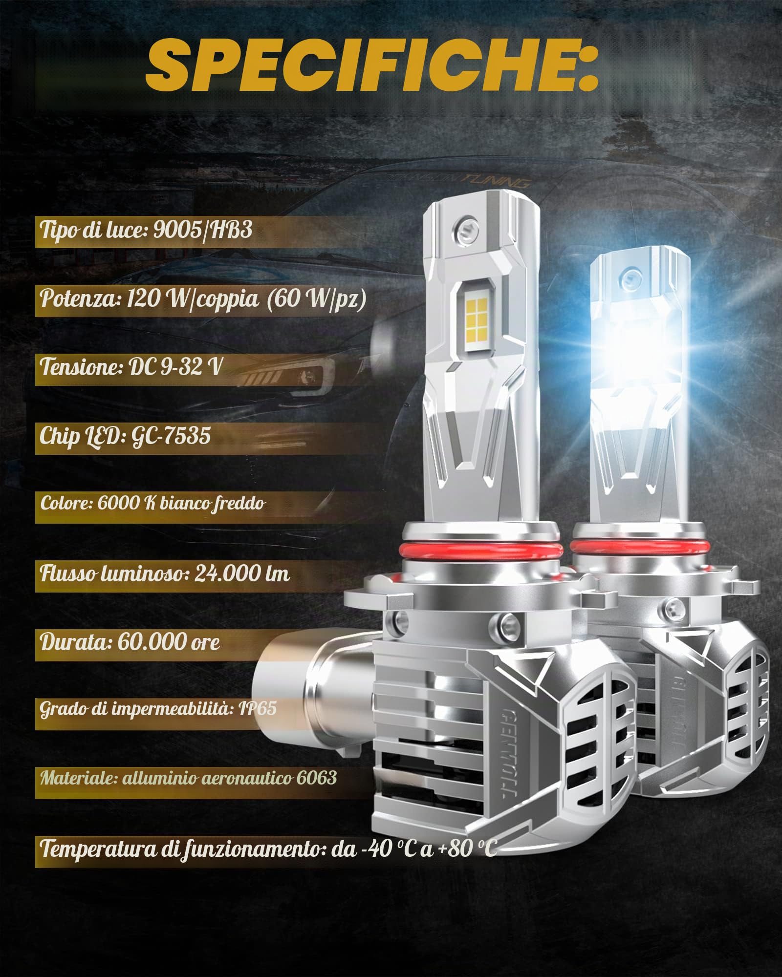 Lampadine HB3 Led, 120W 24000LM 6000K Bianco Freddo 600% Luminosità Lampadina HB3 Led Canbus Senza Errori All-in-One Design Kit di Conversione di Sostituzione Alogena Xenon, Confezione da 2