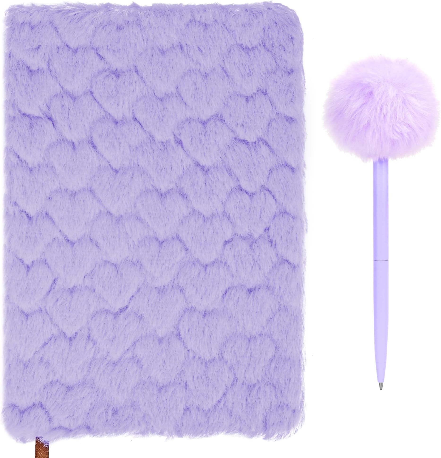 Biiange Plush Notebook, Fluffy Notebook Set, Heart-Shaped Plush Notebooks Diary, for Girls Teens Fuzzy Journal Writing Pad A5 Lined 80 Pages (1Set Purple)