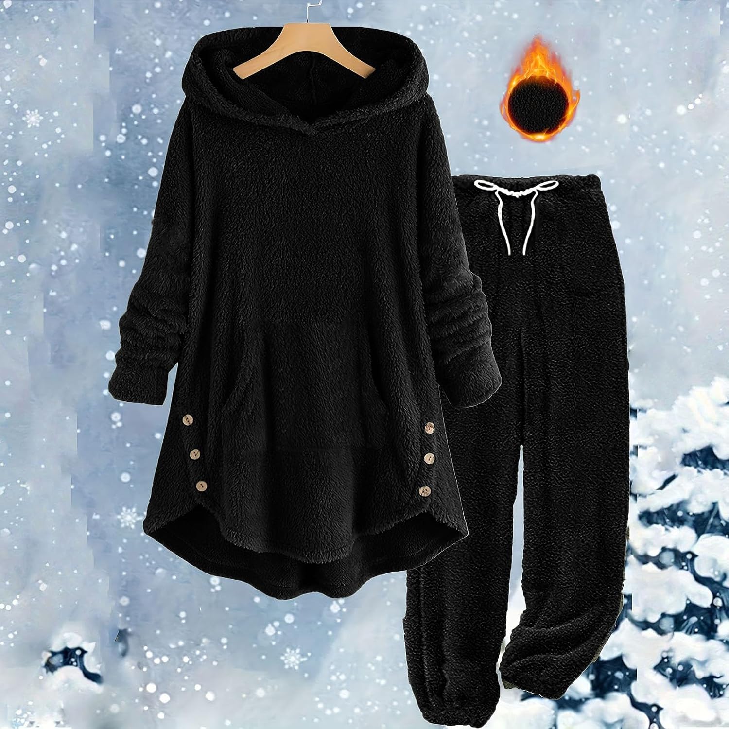 Plus Size 2 Piece Outfits for Women Fuzzy Fleece Winter Pullover High Low Long Sleeve Hoodies and Plush Pants Sets Black
