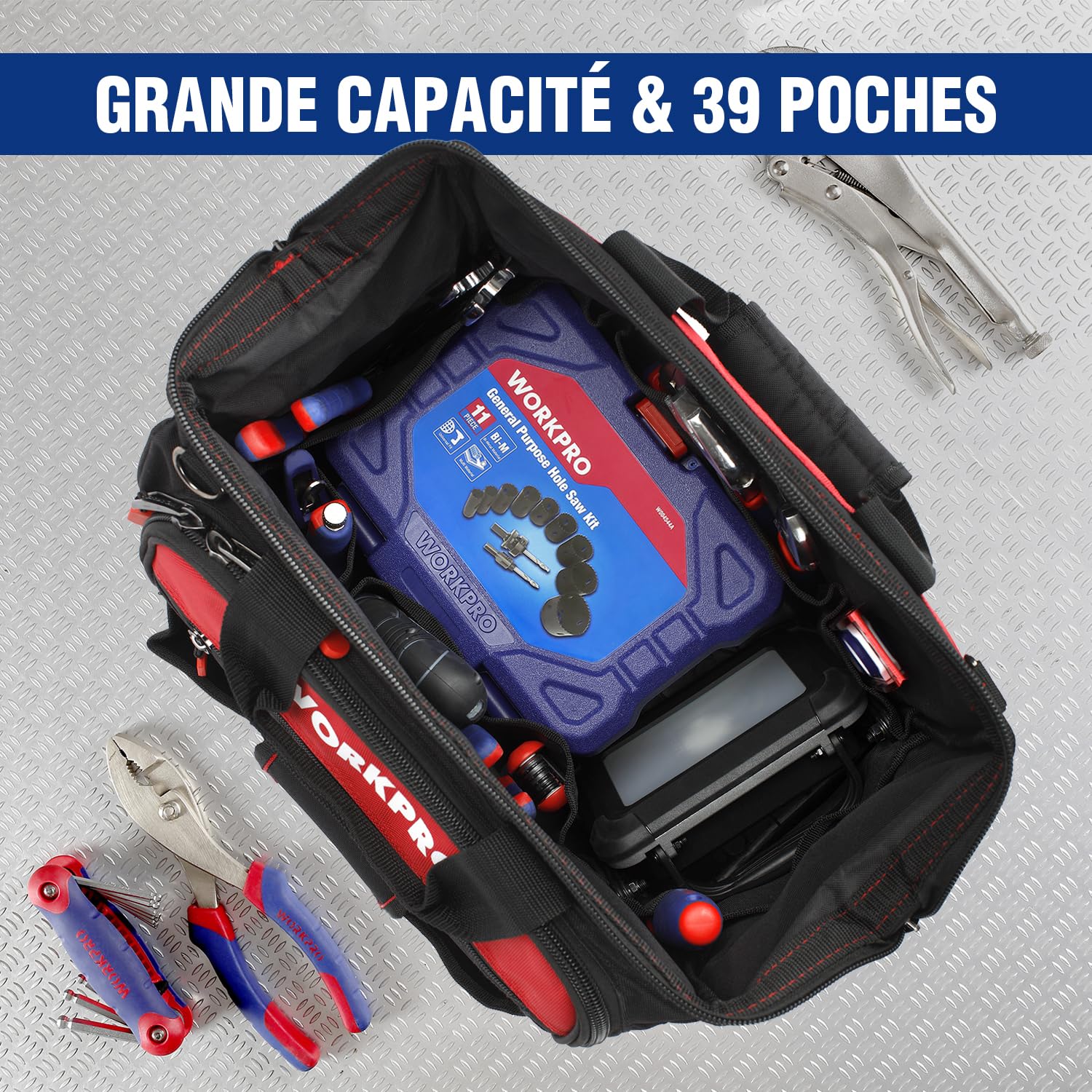 WORKPRO Sac à Outil avec 39 Poches 42 x 25 x 34 cm, Sac Porte-outils avec Grande Capacité, Fond Dur Etanche, Bandoulière Large Réglable, Zip Flexible, Charge Maximale 28 KG