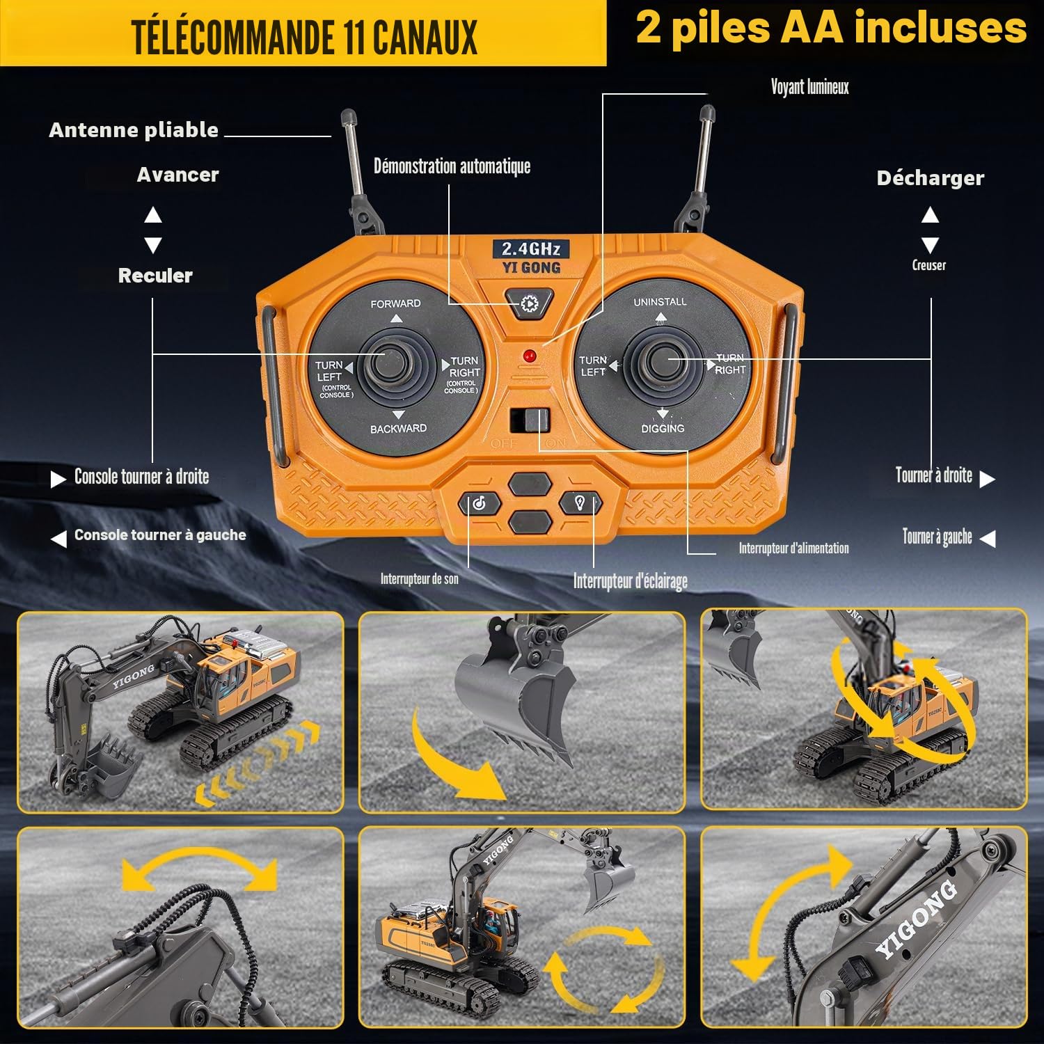 Excavatrice télécommandée à partir de 6 Ans, Jouet d'excavatrice RC Pelle en métal, Rotation à 680 °, lumière et Effets sonores, Jouet Digger Enfants 7 8 9 10 11 12 Ans