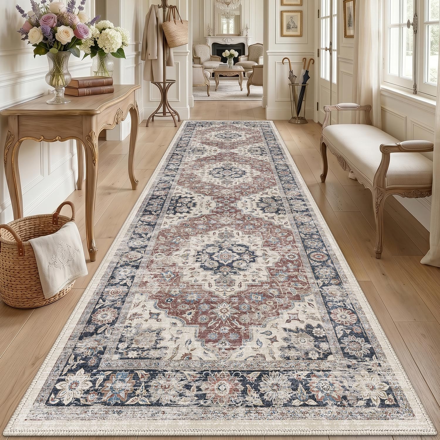 DEXI Hallway Runner Rug 80 x 300 cm, Non-Slip Long Washable Entryway Floor Mats, Absorbent Thin Vintage Carpet Runners for Kitchen, Laundry, Bedside, Beige