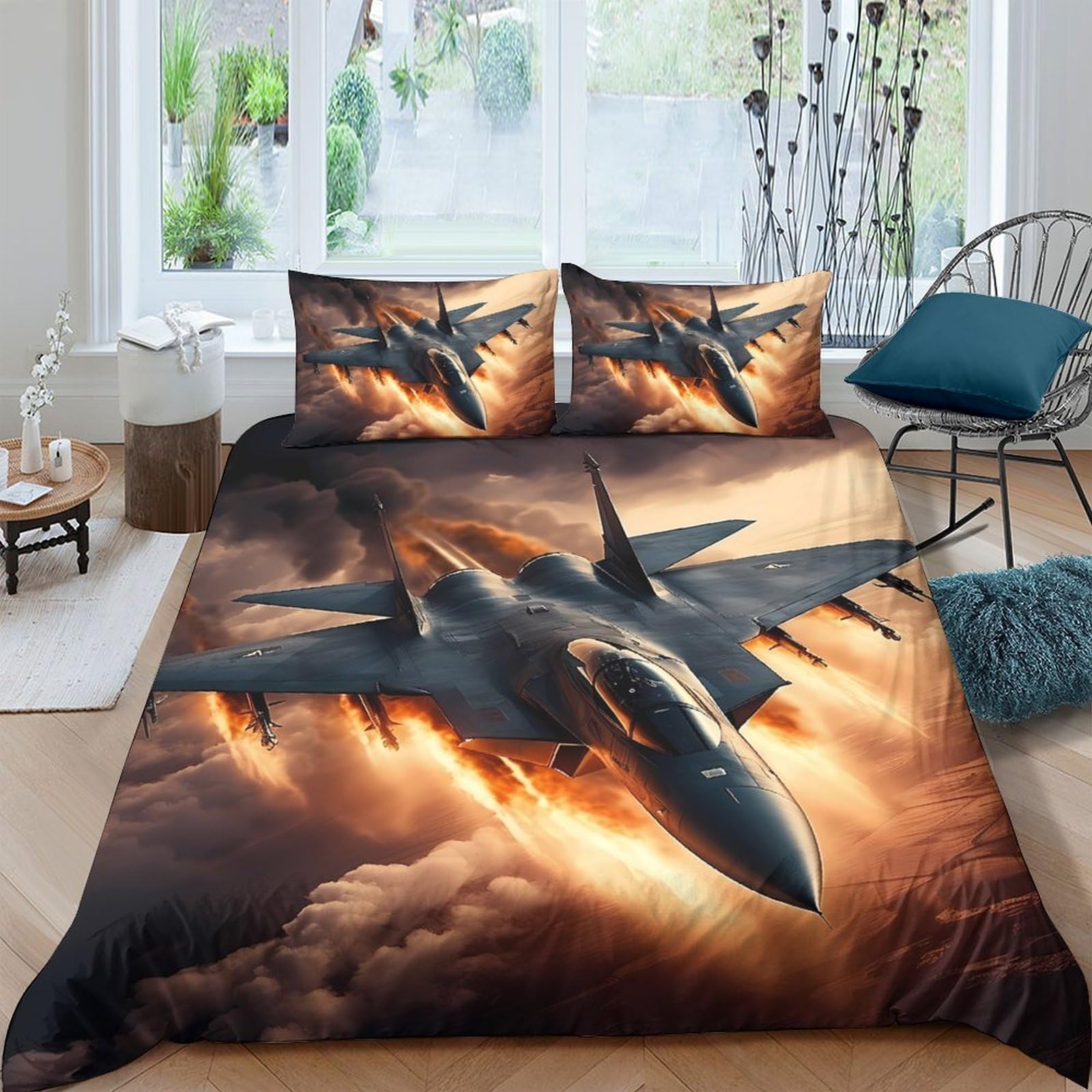 Ctjqhvkz Style-9 3D Printed Fighter Jet Fitted Sheet Microfiber Soft Breathable Sunset Sky Bed Cover For Bedroom Dorm Mattress Protection Decor Single（135X200cm）