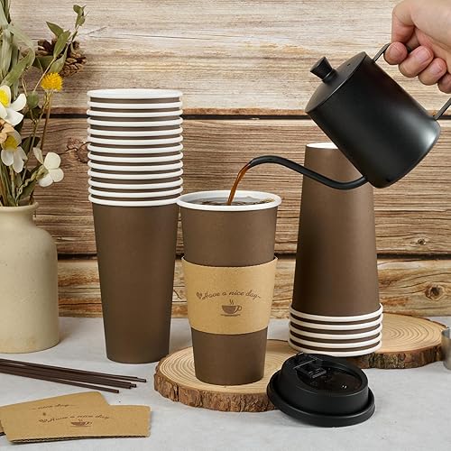 Miniatura 3 de LITOPAK Paquete de 100 tazas de café de papel de 20 onzas, tazas de café desechables marrones con tapas, mangas, palos, tazas para beber café