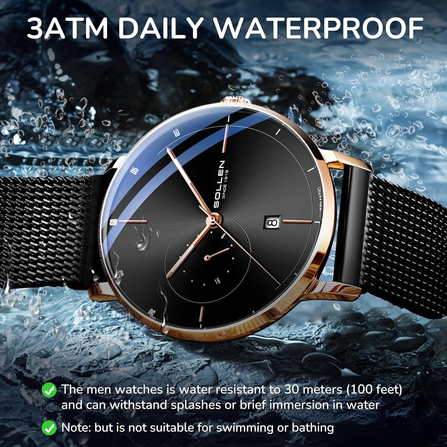 SOLLEN Automatic Watches for Men,Men's Automatic Watch,Original Mechanical Watch Movement,3ATM Water Resistant,Luminous Hands,Calendar and 24-Hour Display,Minimalist Self-Winding Wrist Watches for Men - Image 8