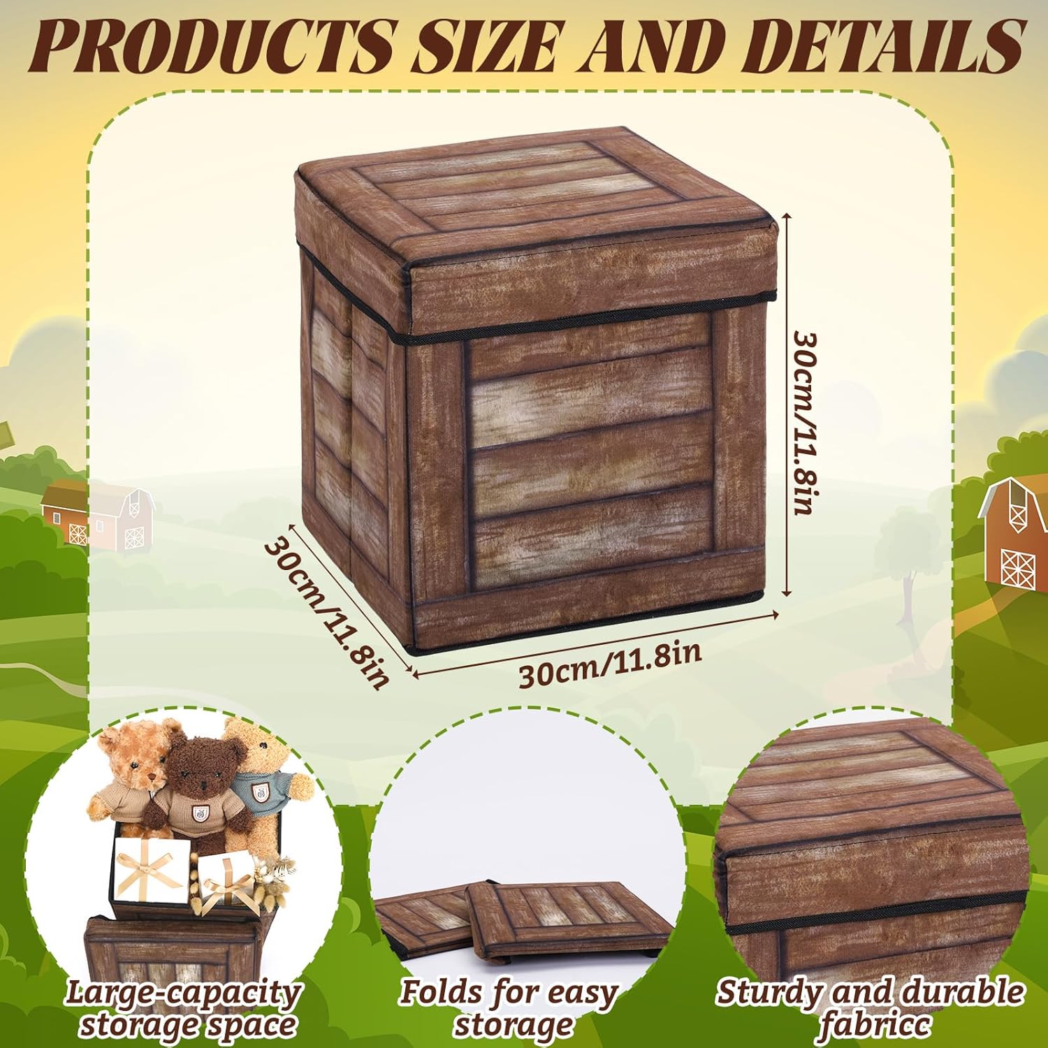 Novabright 3 Pack Western Cowboy Party Decorations Tree Stump Storage Stools 12 Inch Wood Grain Boxes Decor with Lid Collapsible Storage Box with Foam Cushion Cowboy Theme Party Supplies