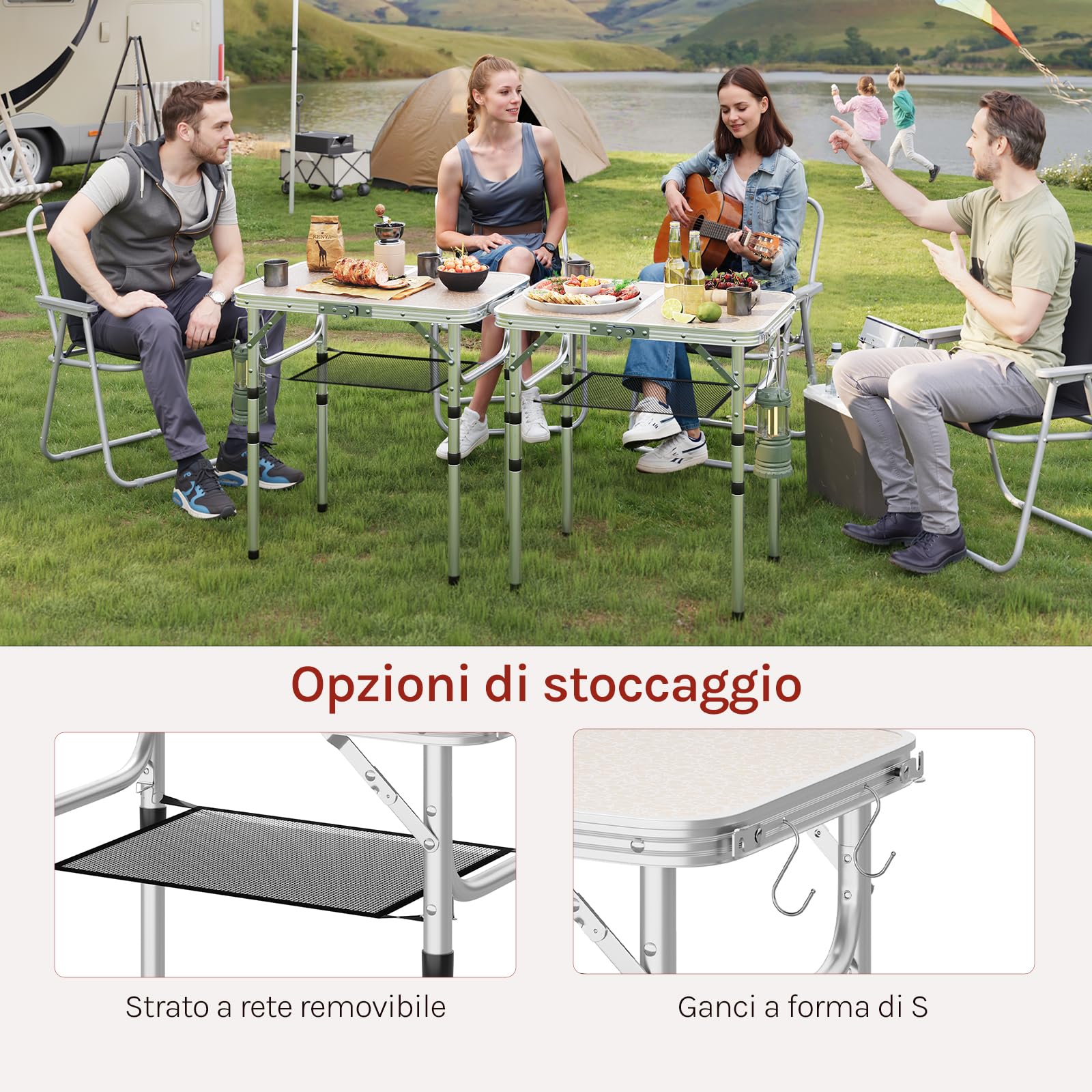 WOLTU Tavolino Pieghevole Regolabile in Altezza 25/36/50/60 cm, Tavolo da Esterno con Ripiano in Rete Metallica, Piano in MDF 60x40 cm, Telaio in Metallo, per Campeggio, Barbecue, Giardino,Bianco