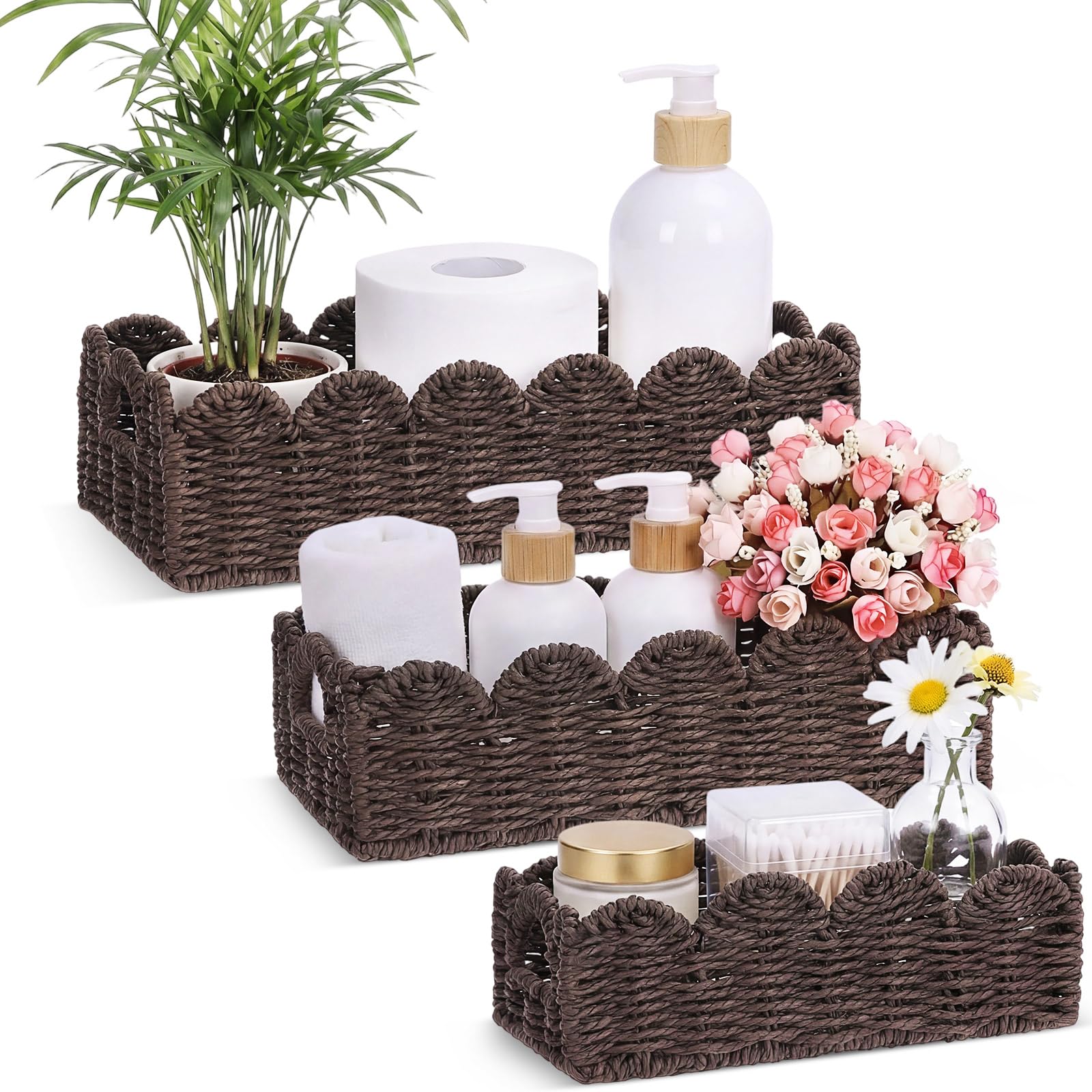 Boao 3 Pcs Boho Storage Wicker Baskets Handmade Woven Decorative Paper Rope Baskets for Organizing with Handle Countertop Toilet Paper Storage Container for Toilet Tank Top(Brown,Fan-shaped)