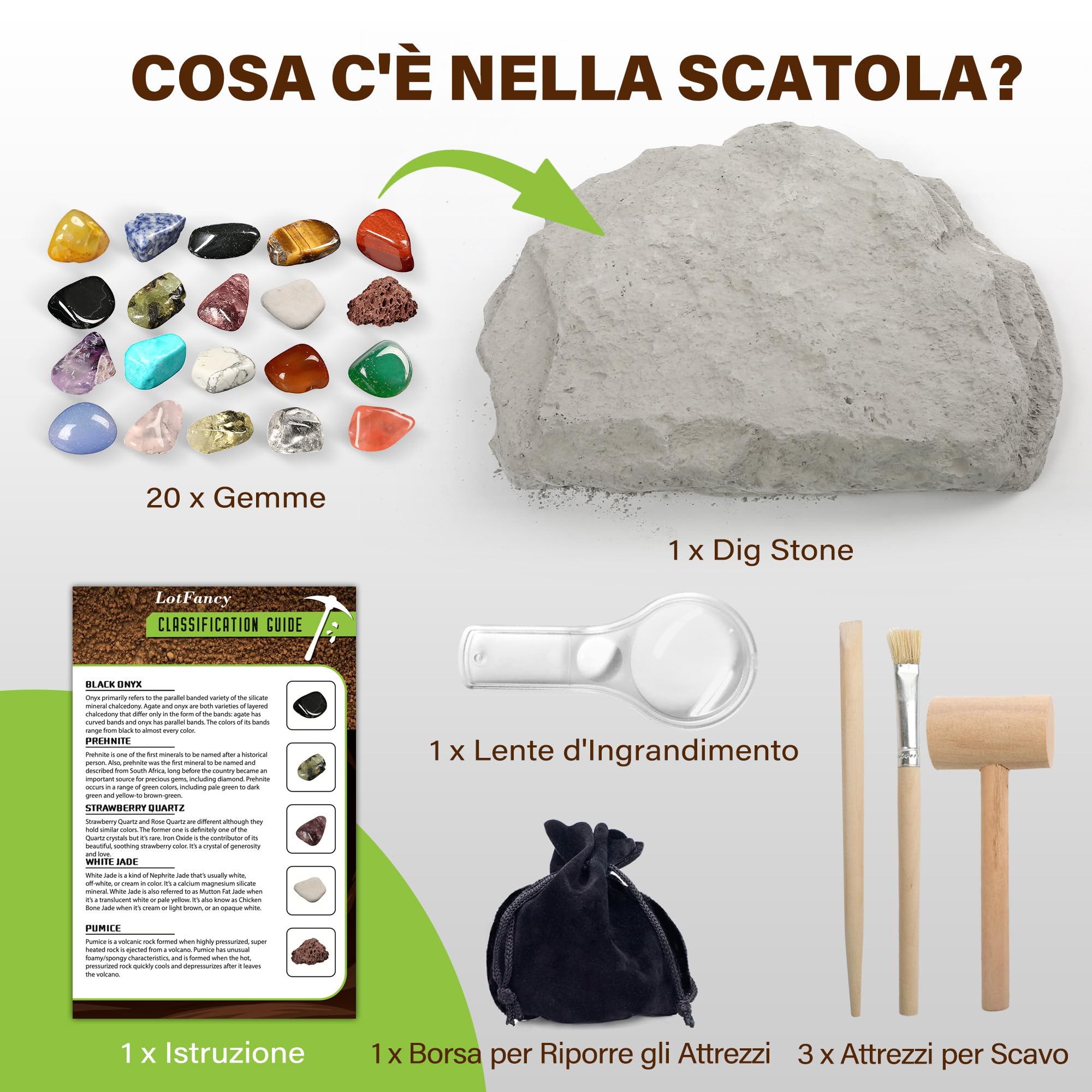 LotFancy Kit Pietre da Scavare per Bambini, Kit Scavo per Gemme 20 Vere Pietre Preziose da Scavare per Ragazzi dagli 6, 7, 8, 9, 10 Anni in Su, Regalo Archeologico per Bambini e Bambine