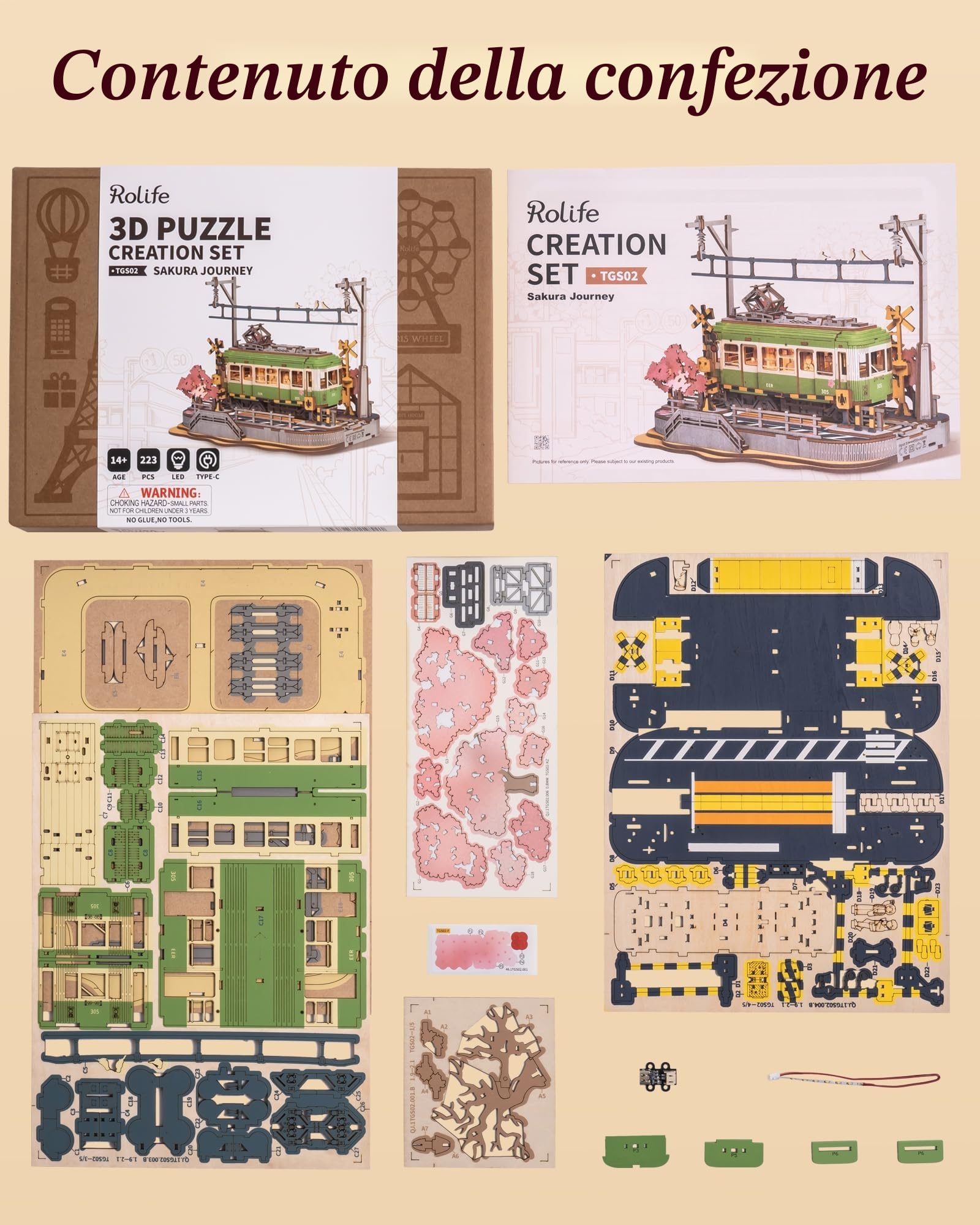 Rolife 3D Puzzle Viaggio Sakura Puzzle in Legno per Adulti da Costruire Kit Modello Sakura Densya con Luci LED Animazione Scena Casa Decorazione Regali di Compleanno Romantici per Lei/Lui