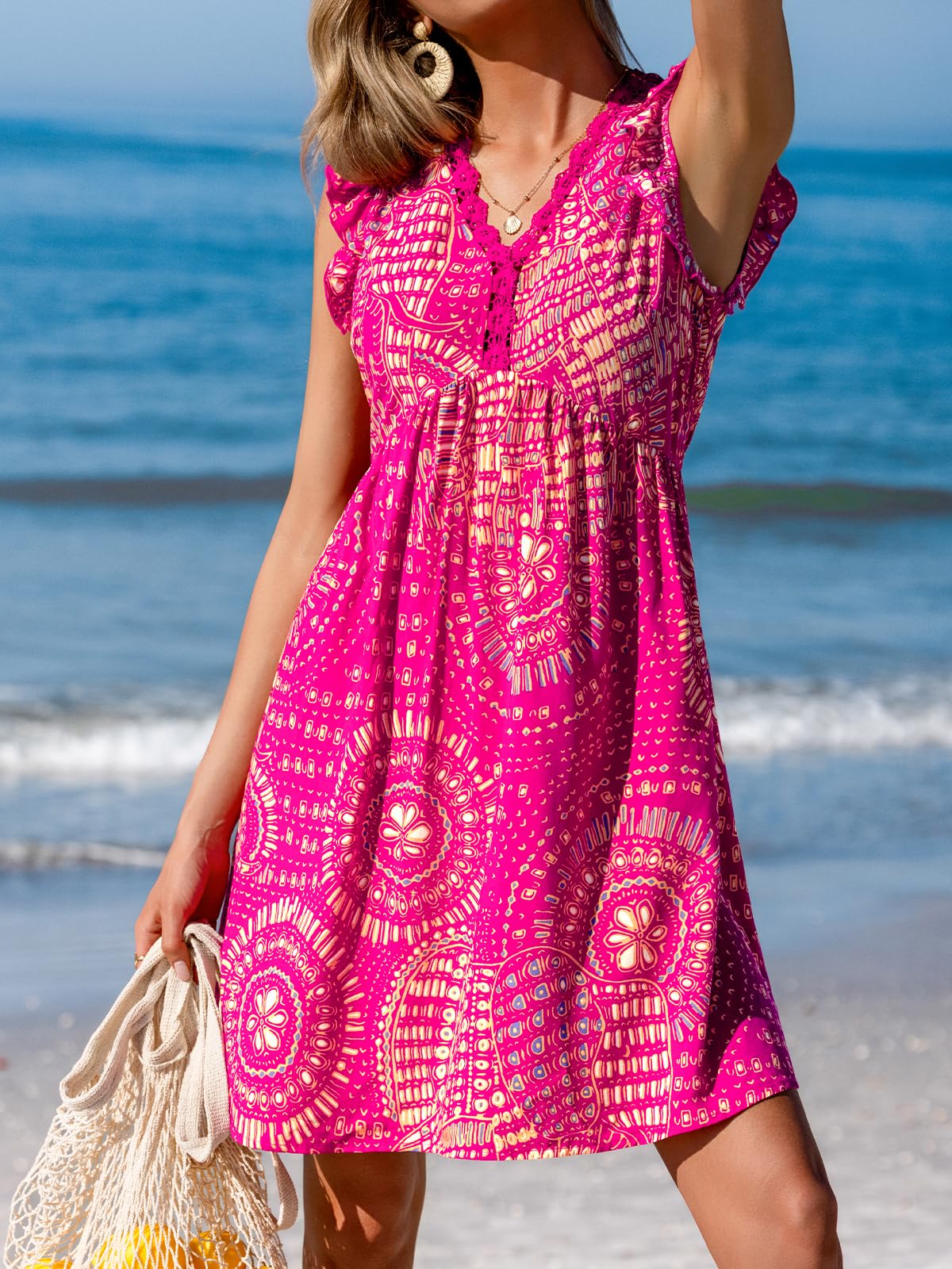 CUPSHE Strandkleid, V-Ausschnitt, Kappe, Flatterärmel, Spitze, ausgehöhlt, plissiert, Sommer-Mini-Kleid