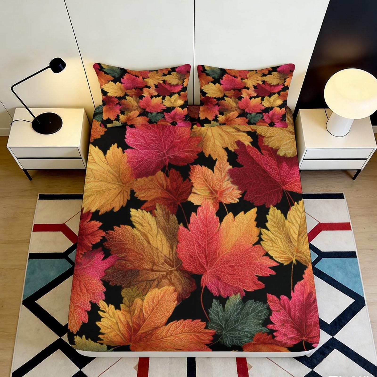 3D Printed Autumn Maple Leaves Fitted Sheet Microfiber Non-Slip Mattress Cover for Bedroom Dorm Home Decor, Easy Care 90x200x25cm